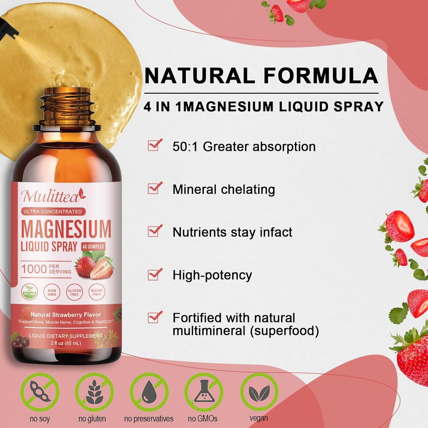 Sugar-Free Strawberry Flavored Magnesium Spray with Whole Vitamin, L-Theanine, D3K2, B6 for Heart Health, Leg Cramps, Muscles, and Energy - 2 Fl Oz