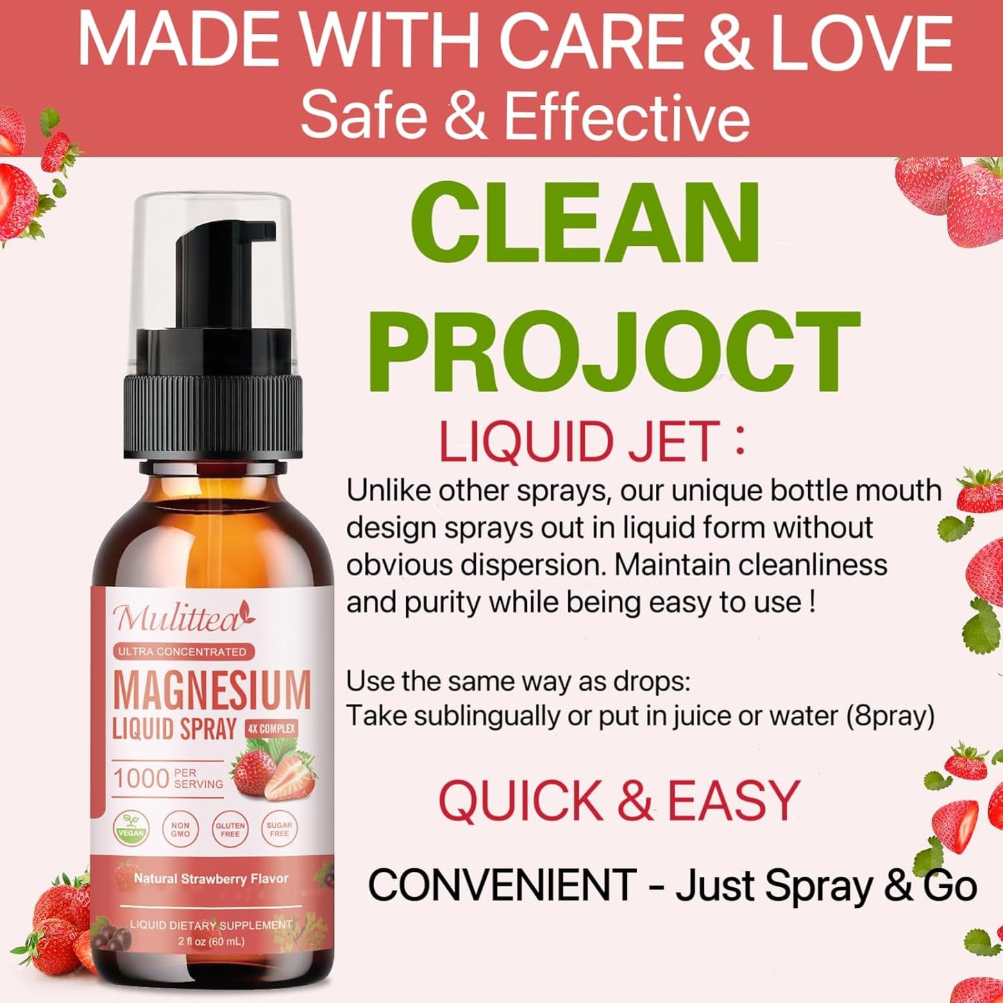 Sugar-Free Strawberry Flavored Magnesium Spray with Whole Vitamin, L-Theanine, D3K2, B6 for Heart Health, Leg Cramps, Muscles, and Energy - 2 Fl Oz