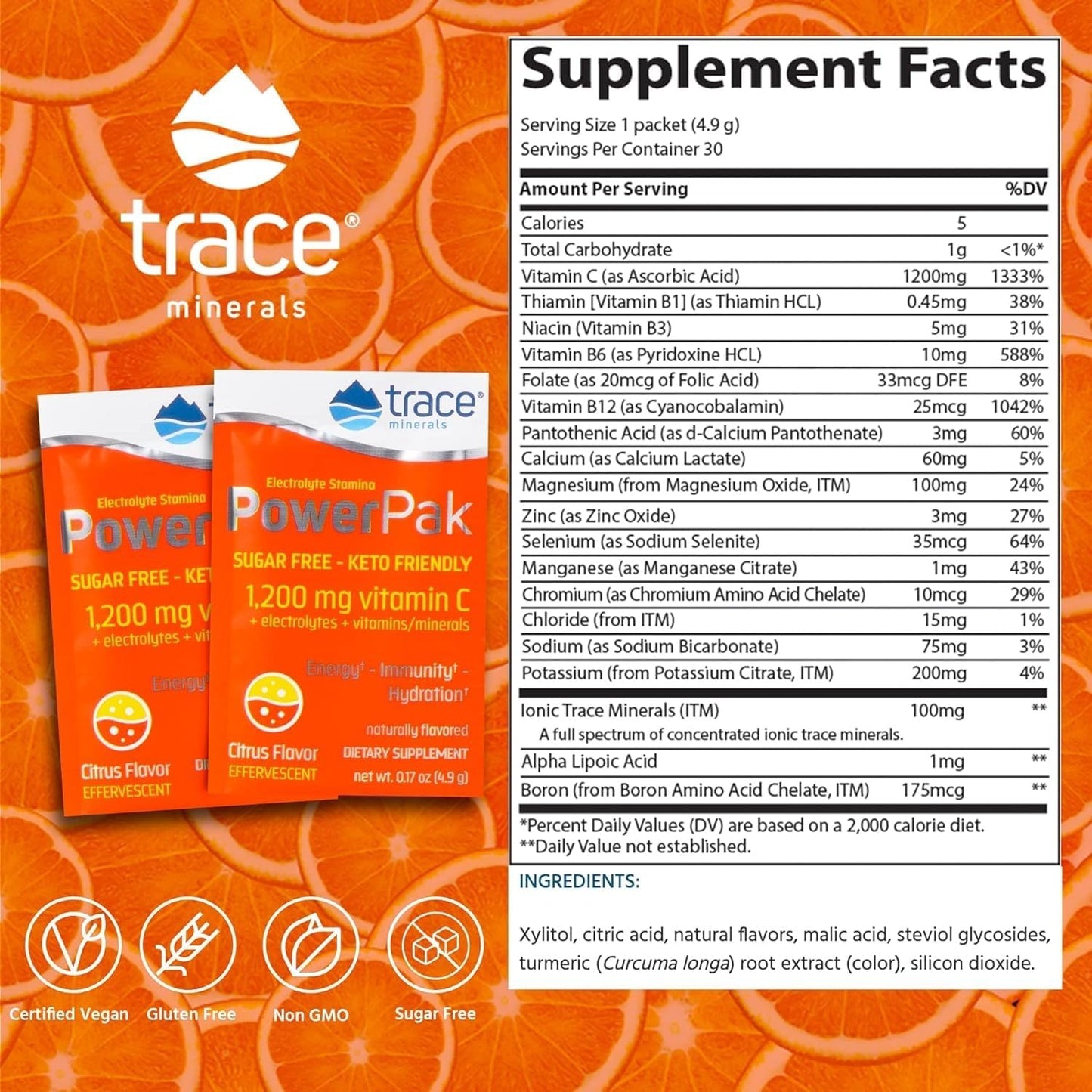 Sugar-Free Trace Minerals Power Pak Drink Mix - Boost Immune & Energy Health - Vitamin & Mineral Powder for Hydration - Citrus Flavor, 30 Packets