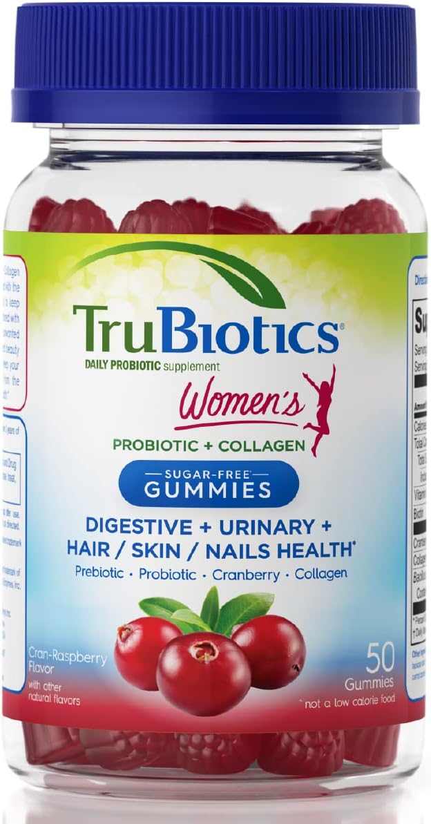 Sugar-Free TruBiotics Probiotic Gummies with Collagen for Women's Digestive, Urinary, Hair, Skin, and Nails Health - Prebiotics & Probiotics with Biotin, Vitamin C, and Cranberry Extract - 50 Count