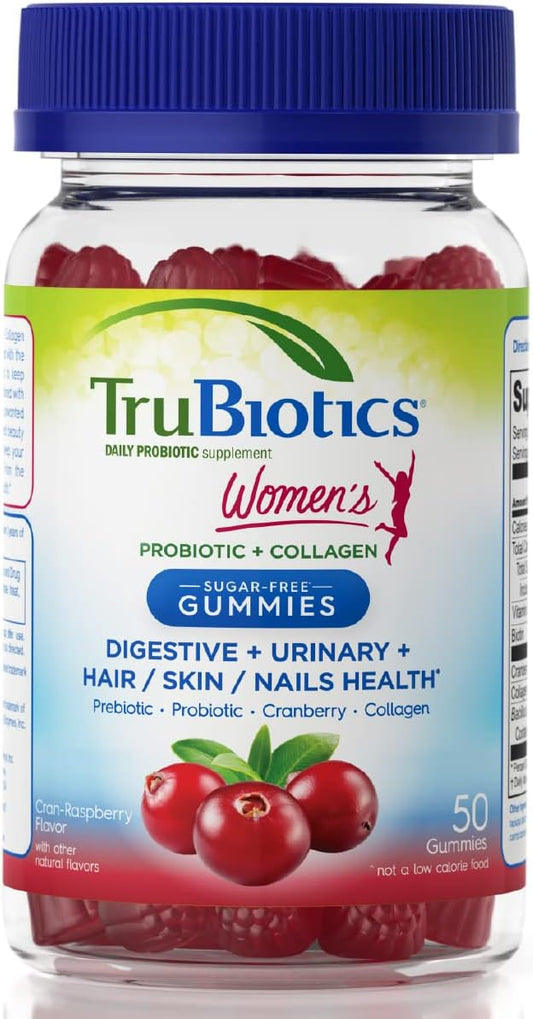 Sugar-Free TruBiotics Probiotic Gummies with Collagen for Women's Digestive, Urinary, Hair, Skin, and Nails Health - Prebiotics & Probiotics with Biotin, Vitamin C, and Cranberry Extract - 50 Count
