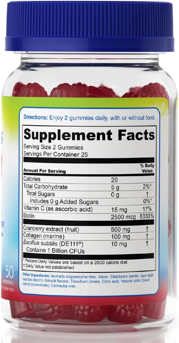 Sugar-Free TruBiotics Probiotic Gummies with Collagen for Women's Digestive, Urinary, Hair, Skin, and Nails Health - Prebiotics & Probiotics with Biotin, Vitamin C, and Cranberry Extract - 50 Count