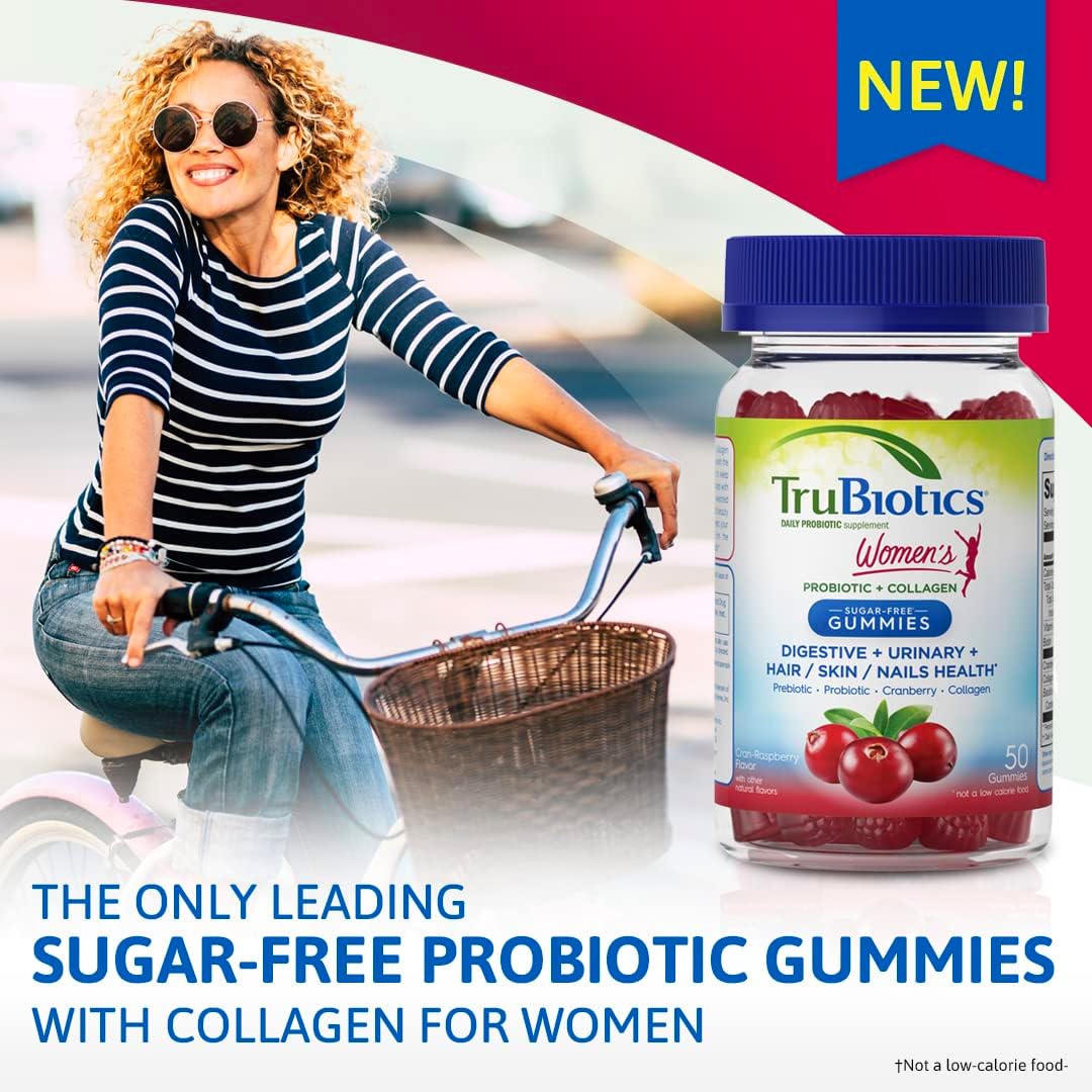 Sugar-Free TruBiotics Probiotic Gummies with Collagen for Women's Digestive, Urinary, Hair, Skin, and Nails Health - Prebiotics & Probiotics with Biotin, Vitamin C, and Cranberry Extract - 50 Count