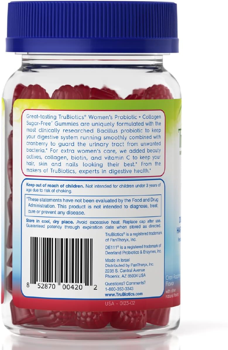 Sugar-Free TruBiotics Probiotic Gummies with Collagen for Women's Digestive, Urinary, Hair, Skin, and Nails Health - Prebiotics & Probiotics with Biotin, Vitamin C, and Cranberry Extract - 50 Count