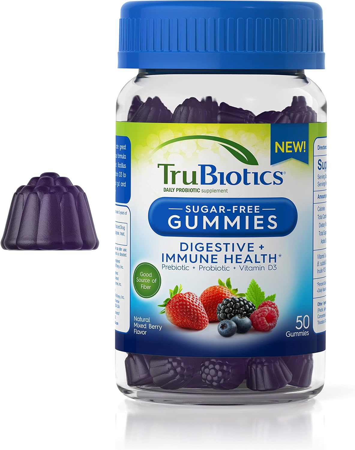 Sugar-Free TruBiotics Probiotic Gummies with Prebiotics, Vitamin D3 - 50 Gummies for Digestive & Immune Health, Men & Women, Regularity & Comfort