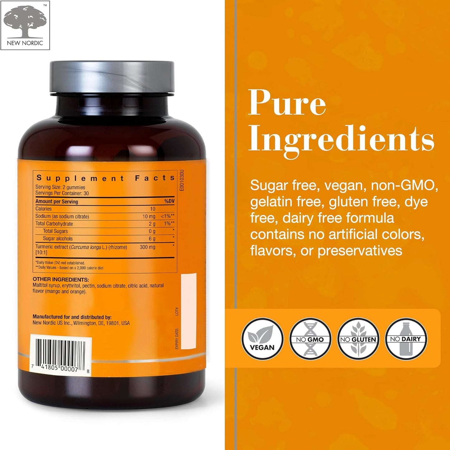 Sugar-Free Turmeric Curcumin Gummies 300mg Supplement for Joints, Knees, Shoulders - Mango Orange Flavor - 60 Count Bottle for Men and Women