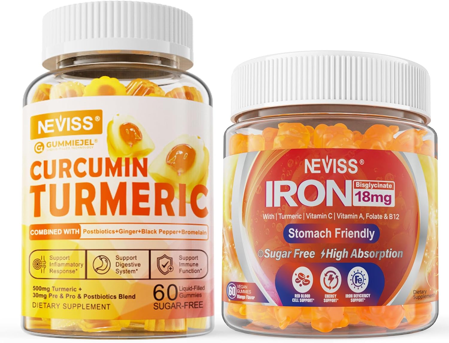 Sugar-Free Turmeric Curcumin Gummies with Iron and Vitamin C for Adults - 550mg Vegan Supplement