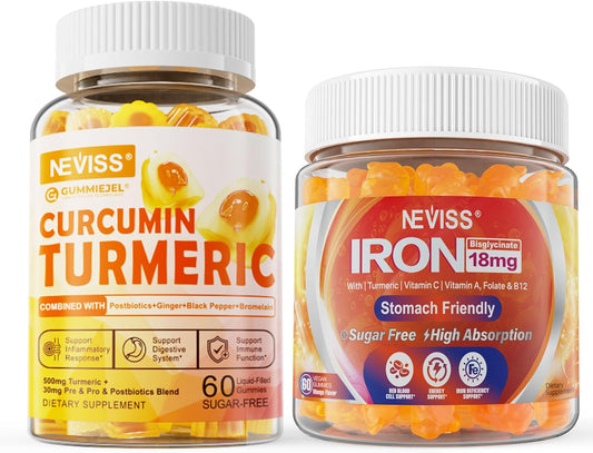 Sugar-Free Turmeric Curcumin Gummies with Iron and Vitamin C for Adults - 550mg Vegan Supplement