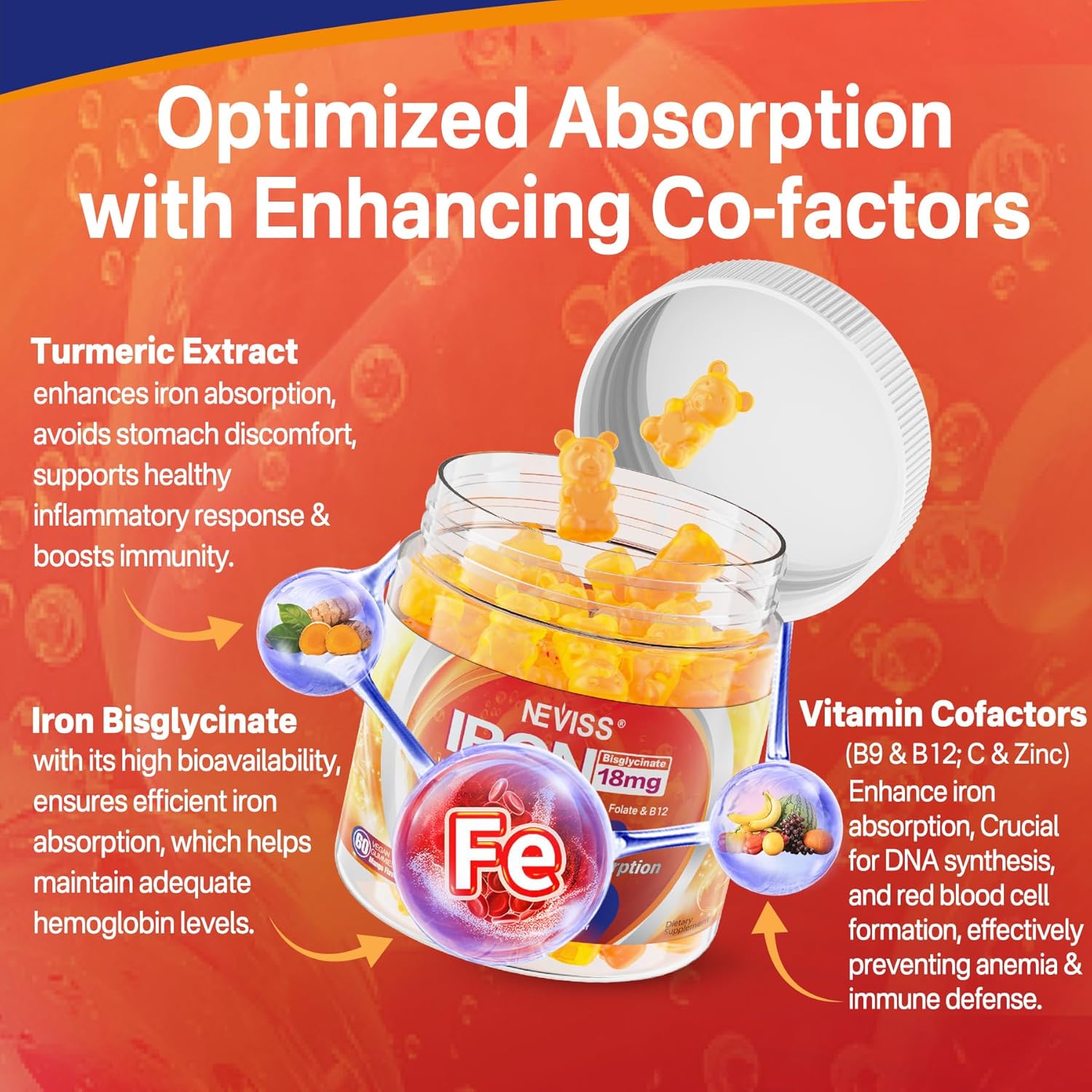 Sugar-Free Turmeric Curcumin Gummies with Iron and Vitamin C for Adults - 550mg Vegan Supplement