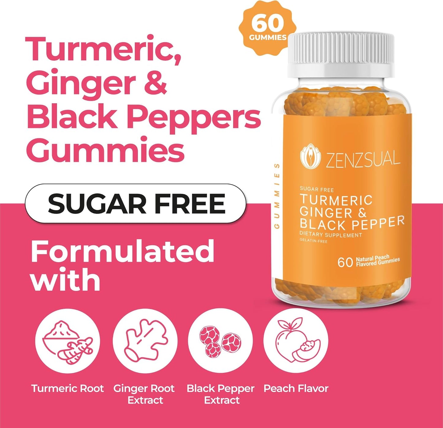 Sugar-Free Turmeric, Ginger, and Black Pepper Gummies - Immune Support & Joint Health - Natural Peach Flavored Dietary Supplement for Healthy Skin - 60 Gummies