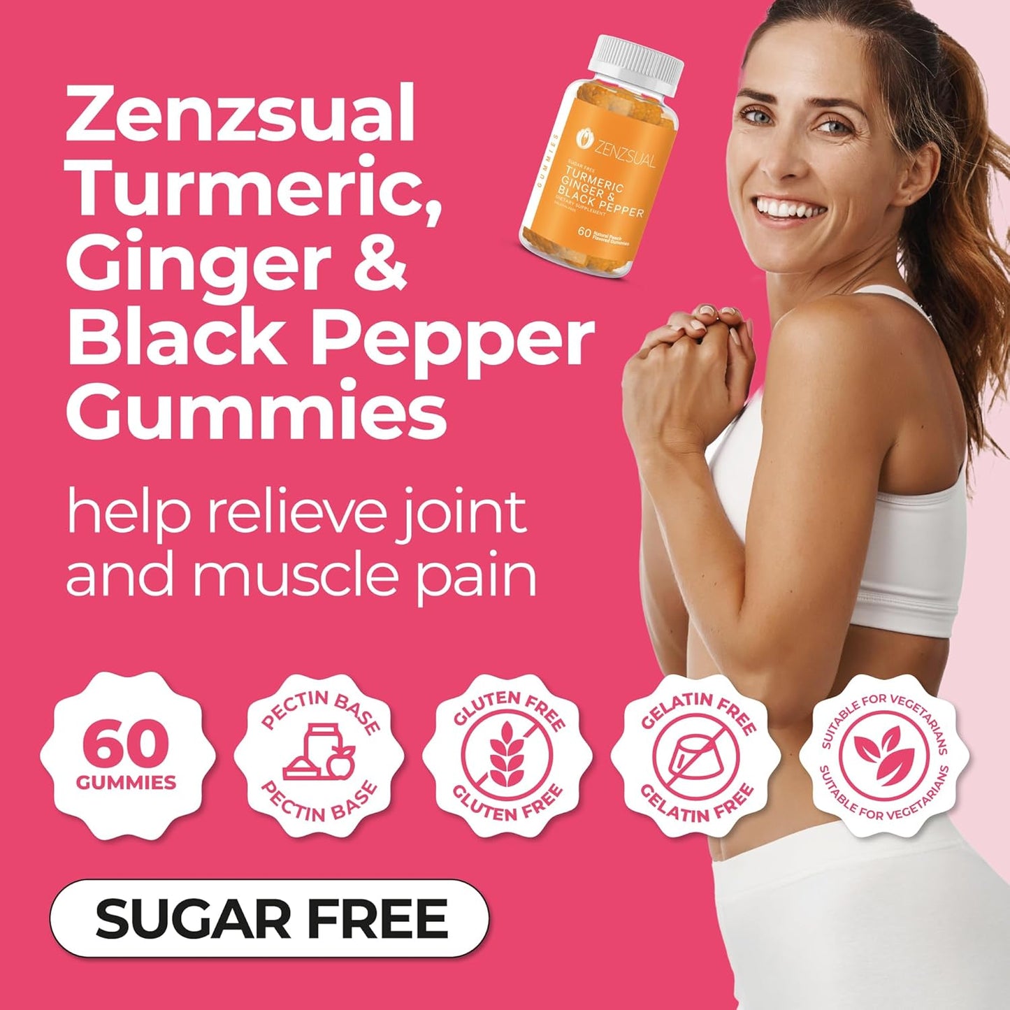 Sugar-Free Turmeric, Ginger, and Black Pepper Gummies - Immune Support & Joint Health - Natural Peach Flavored Dietary Supplement for Healthy Skin - 60 Gummies
