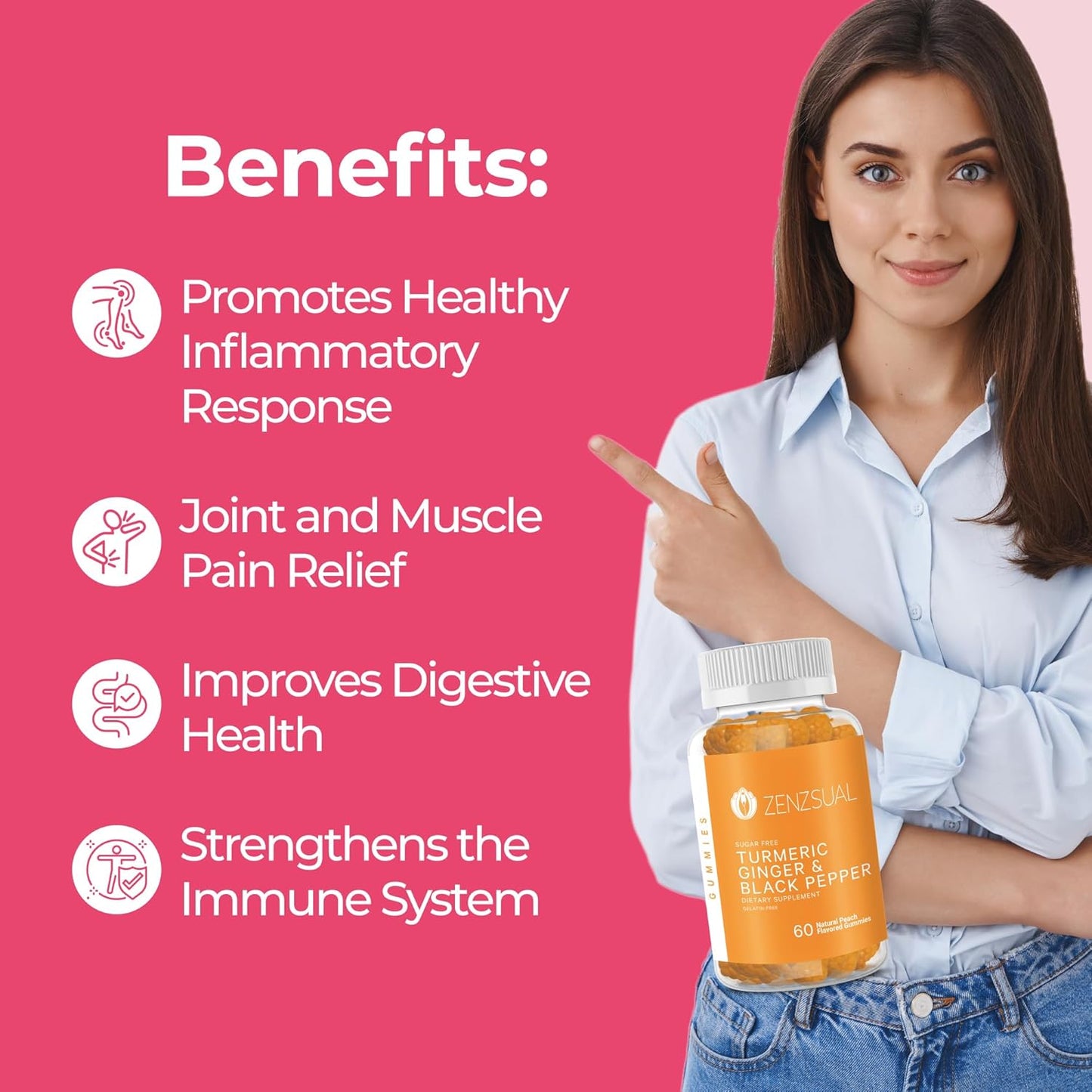 Sugar-Free Turmeric, Ginger, and Black Pepper Gummies - Immune Support & Joint Health - Natural Peach Flavored Dietary Supplement for Healthy Skin - 60 Gummies