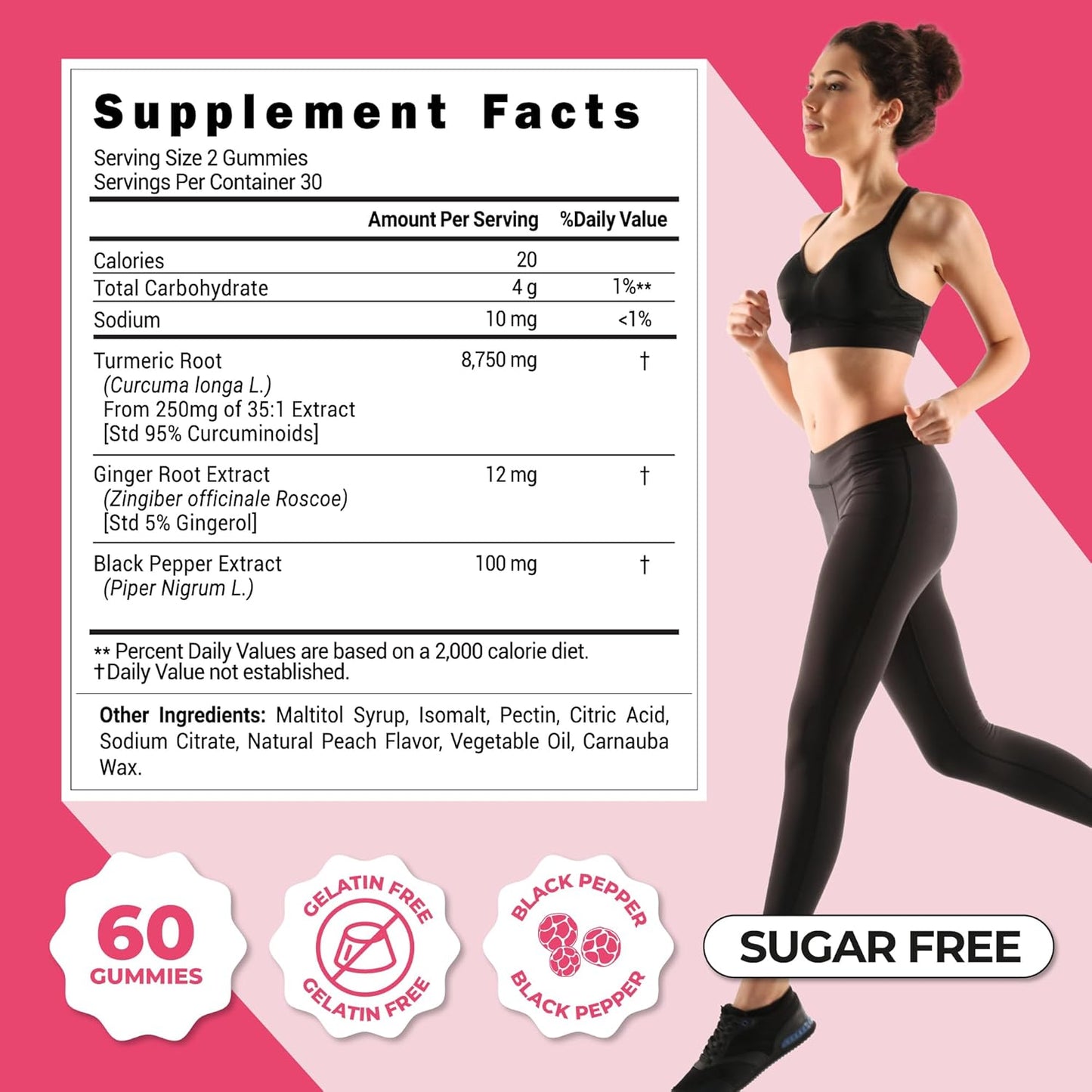 Sugar-Free Turmeric, Ginger, and Black Pepper Gummies - Immune Support & Joint Health - Natural Peach Flavored Dietary Supplement for Healthy Skin - 60 Gummies