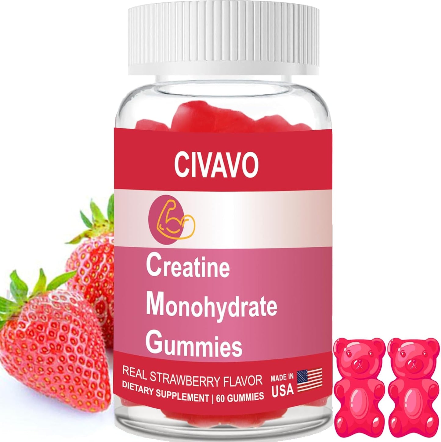 Sugar-Free Vegan Civavo Creatine Monohydrate Gummies - Enhance Strength & Muscle Growth - Strawberry Flavor - Men & Women - BoostGo Australia