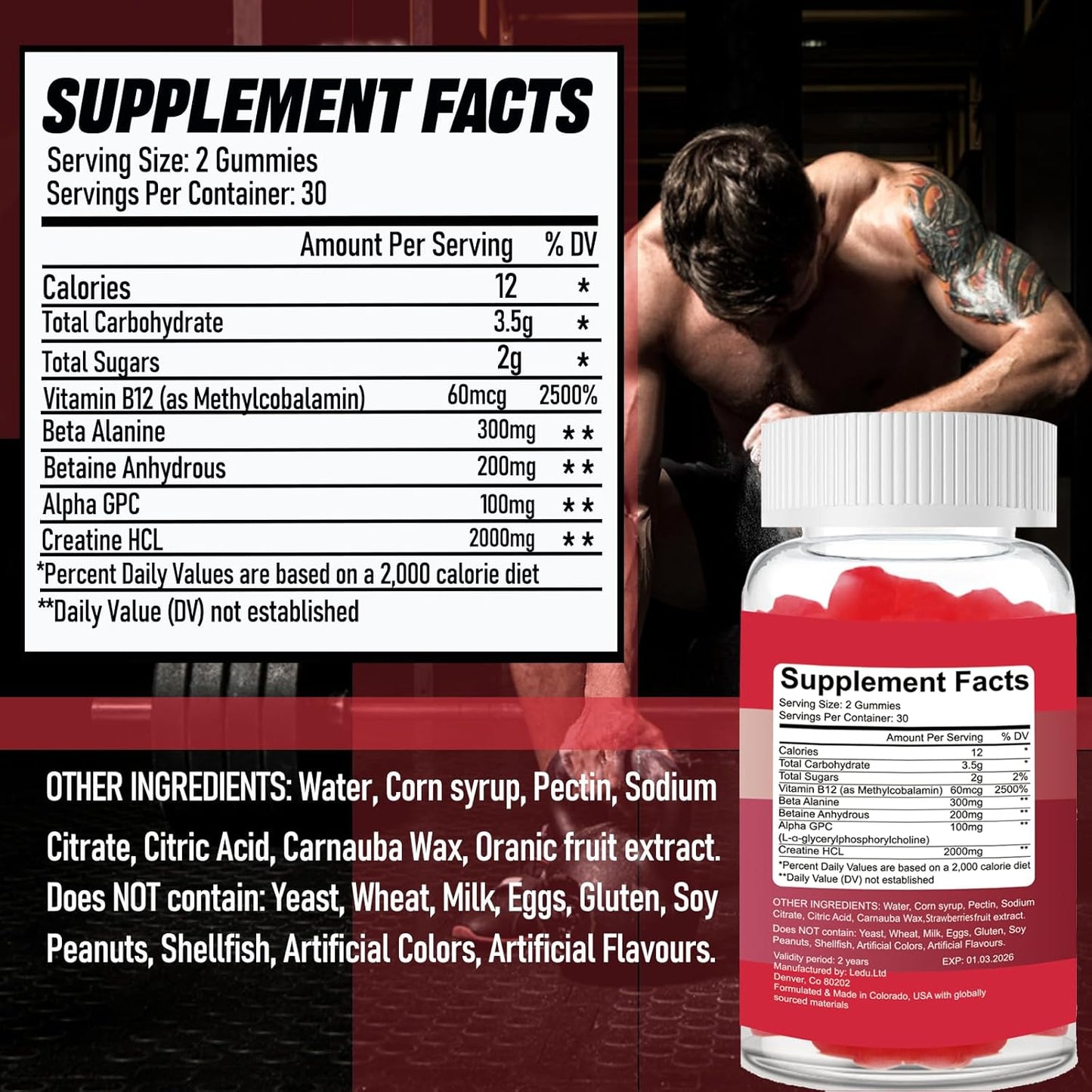 Sugar-Free Vegan Civavo Creatine Monohydrate Gummies - Enhance Strength & Muscle Growth - Strawberry Flavor - Men & Women - BoostGo Australia