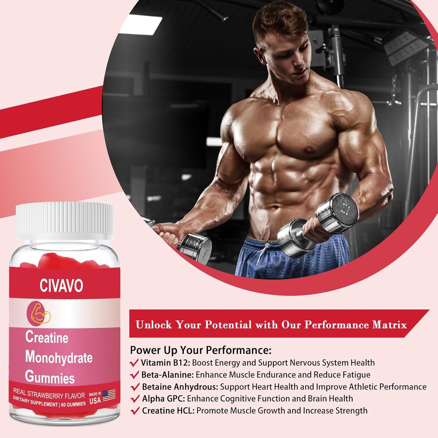 Sugar-Free Vegan Civavo Creatine Monohydrate Gummies - Enhance Strength & Muscle Growth - Strawberry Flavor - Men & Women - BoostGo Australia