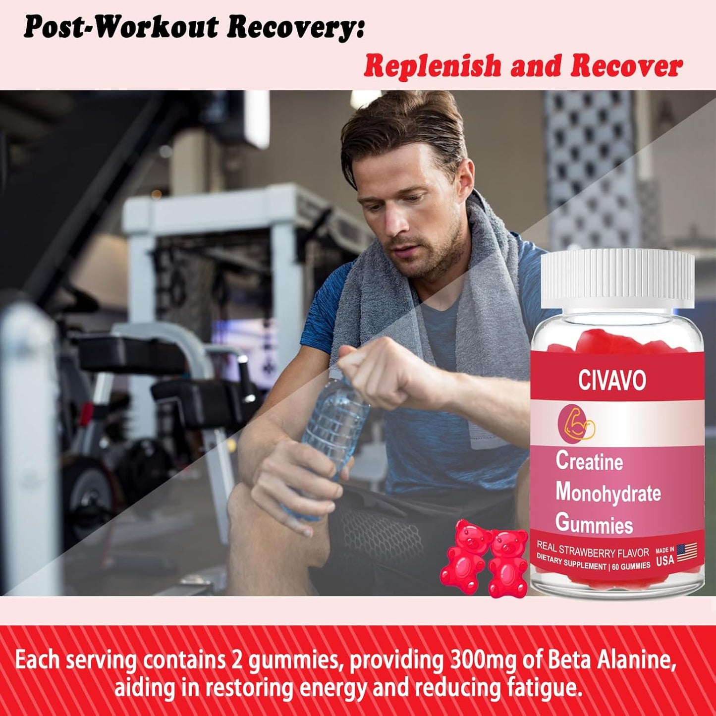 Sugar-Free Vegan Civavo Creatine Monohydrate Gummies - Enhance Strength & Muscle Growth - Strawberry Flavor - Men & Women - BoostGo Australia