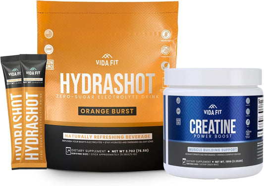 Sugar-Free Vegan Creatine & Electrolyte Bundle for Endurance & Recovery - Vida Fit Hydration & Performance Kit (150g Micronized Creatine Monohydrate + Hydrashot Orange Electrolyte Hydration Powder)