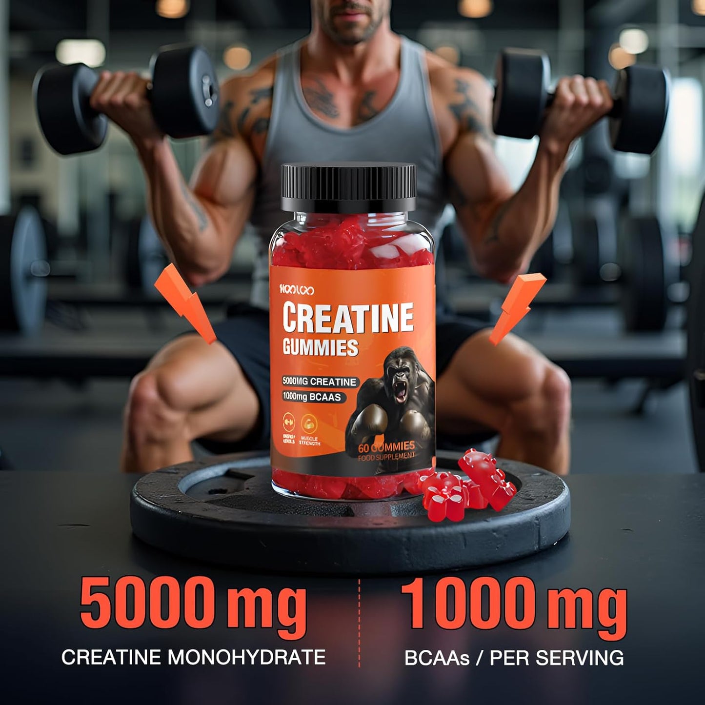 Sugar-Free Vegan Creatine Gummies - 5000mg Creatine, 1000mg BCAAs, Strawberry Flavor - 30 Day Supply