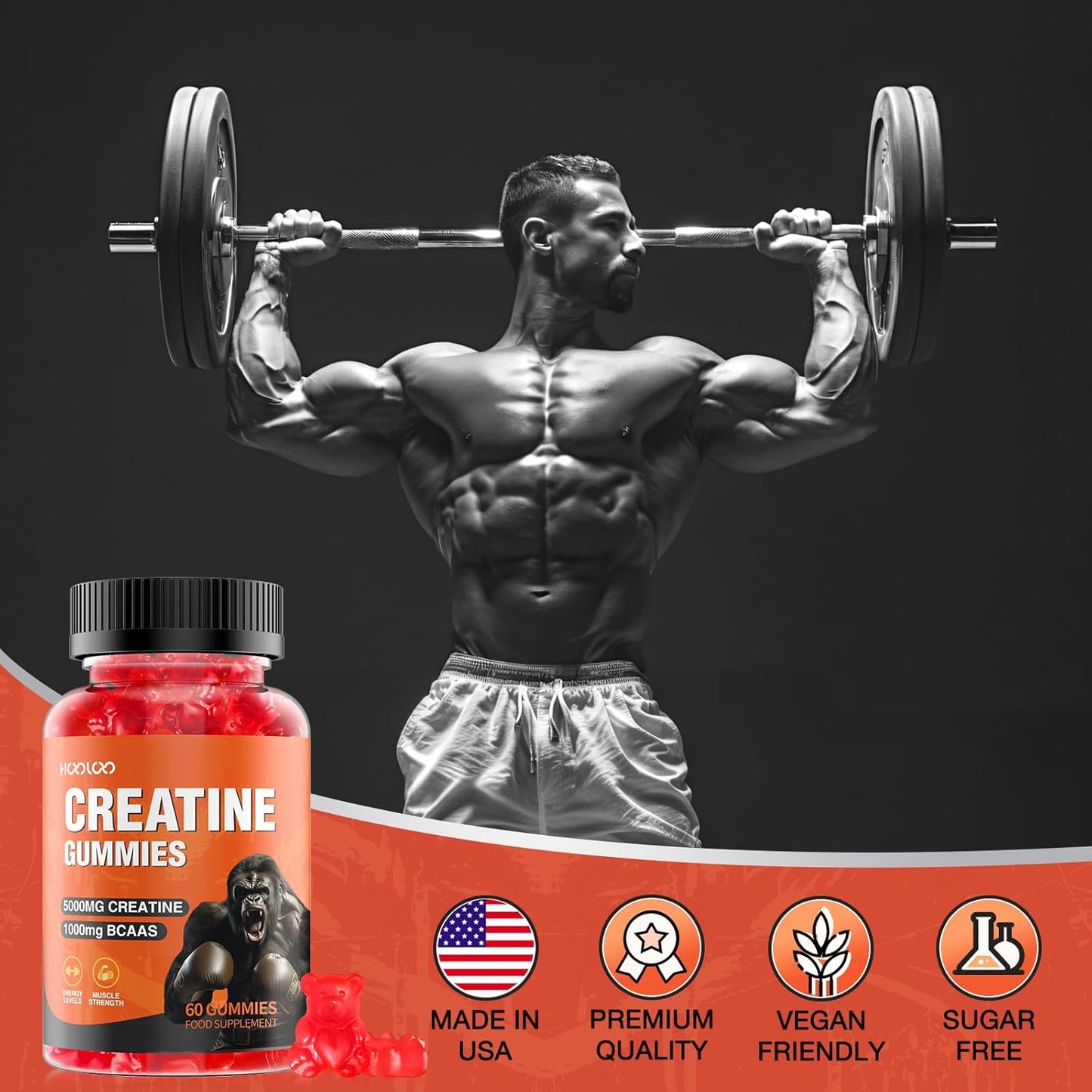 Sugar-Free Vegan Creatine Gummies - 5000mg Creatine, 1000mg BCAAs, Strawberry Flavor - 30 Day Supply