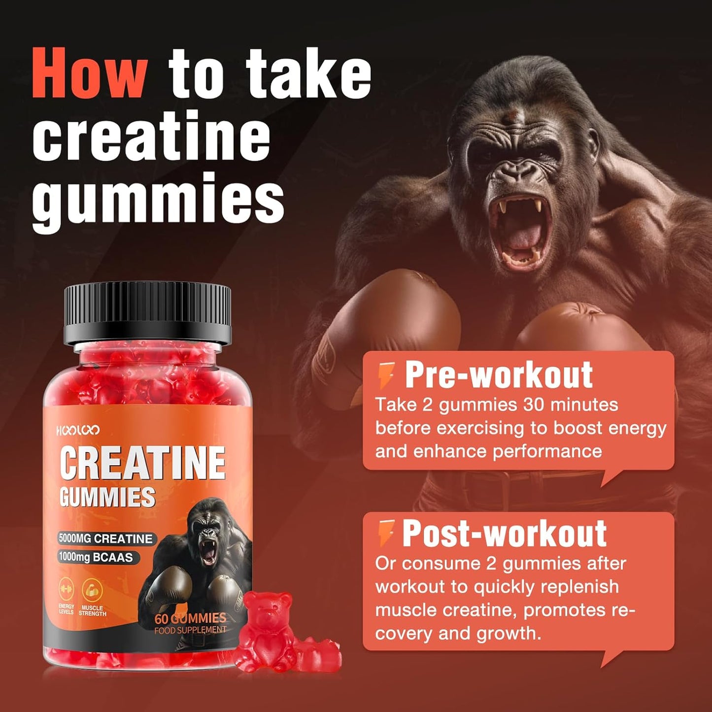 Sugar-Free Vegan Creatine Gummies - 5000mg Creatine, 1000mg BCAAs, Strawberry Flavor - 30 Day Supply