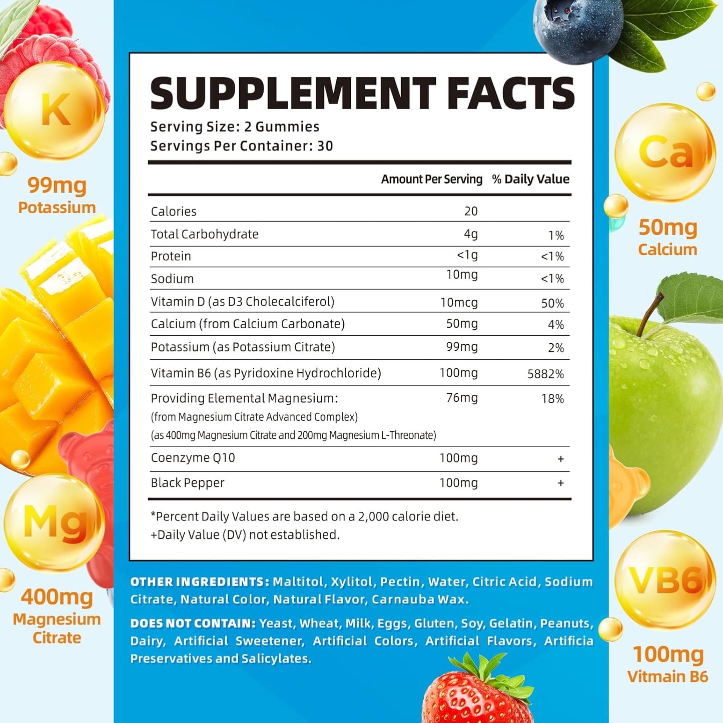 Sugar-Free Vegan Mixed Fruit Flavored Potassium Gummies with High Absorption Magnesium & Vitamin B6 for Leg Cramps - 60 Gummies