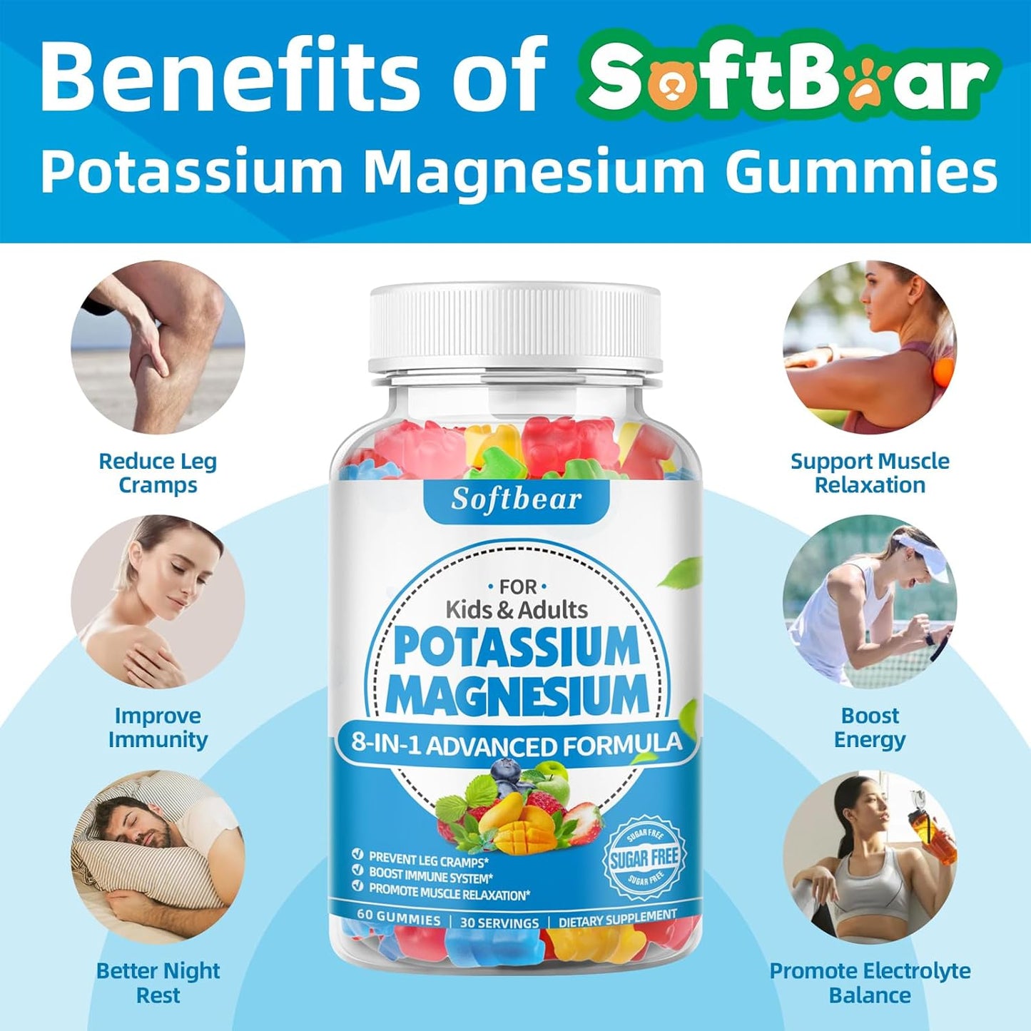Sugar-Free Vegan Mixed Fruit Flavored Potassium Gummies with High Absorption Magnesium & Vitamin B6 for Leg Cramps - 60 Gummies