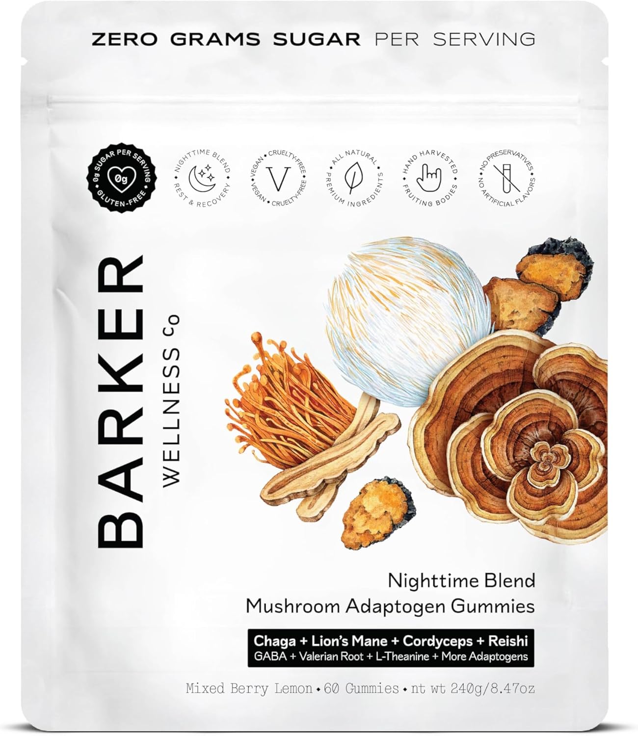 Sugar-Free Vegan Nighttime Mushroom Adaptogen Gummies for Adults - Sleep Support with Reishi, Lion’s Mane, Chaga, Cordyceps - 60 Count