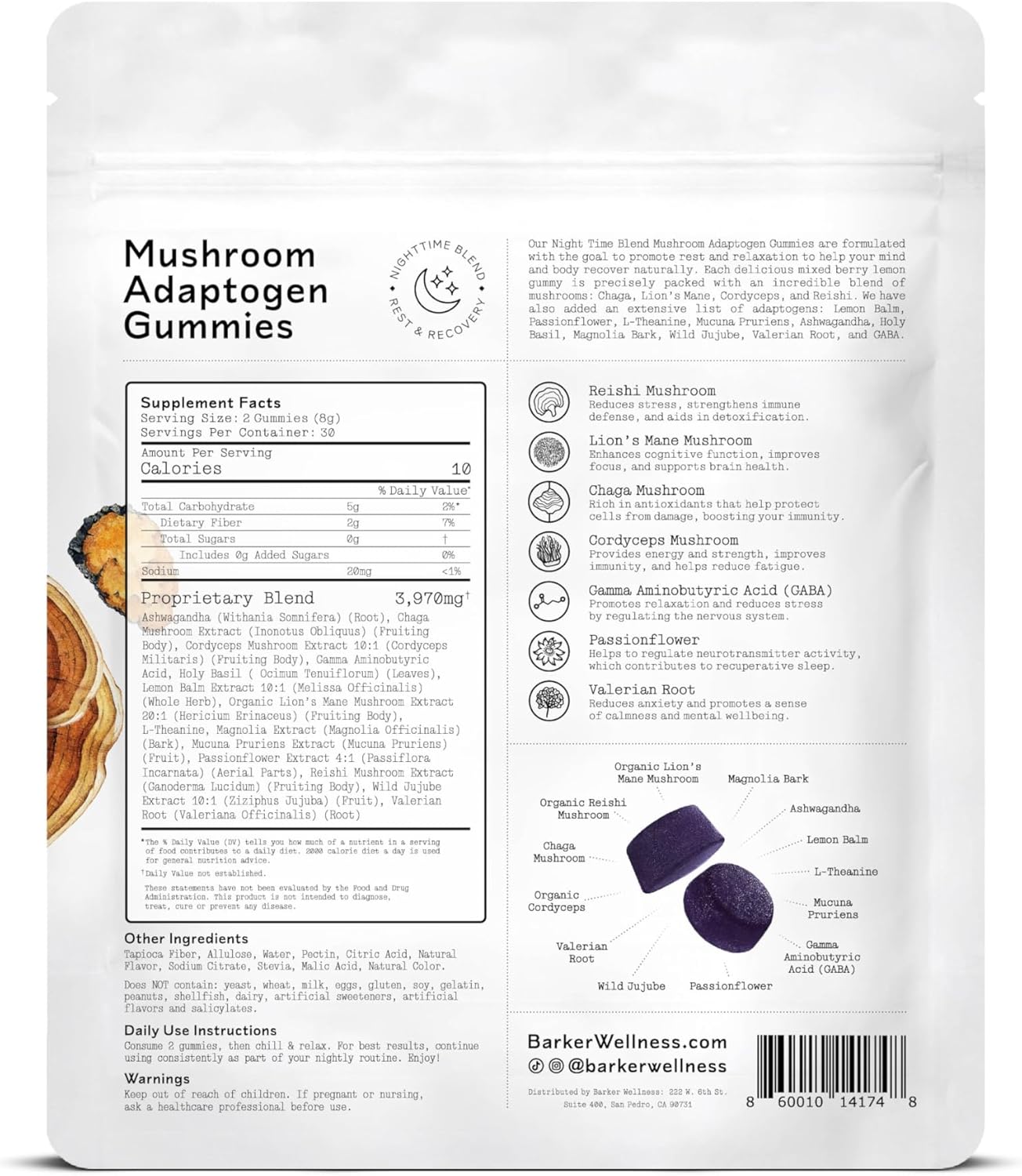 Sugar-Free Vegan Nighttime Mushroom Adaptogen Gummies for Adults - Sleep Support with Reishi, Lion’s Mane, Chaga, Cordyceps - 60 Count