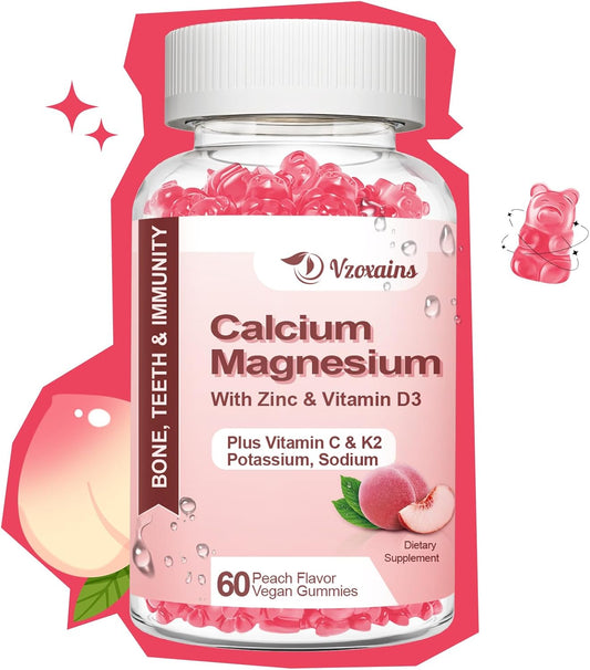 Sugar-Free Vegan Peach Flavored Calcium Gummies with Vitamin D3 K2 for Bone Strength - 60 Count