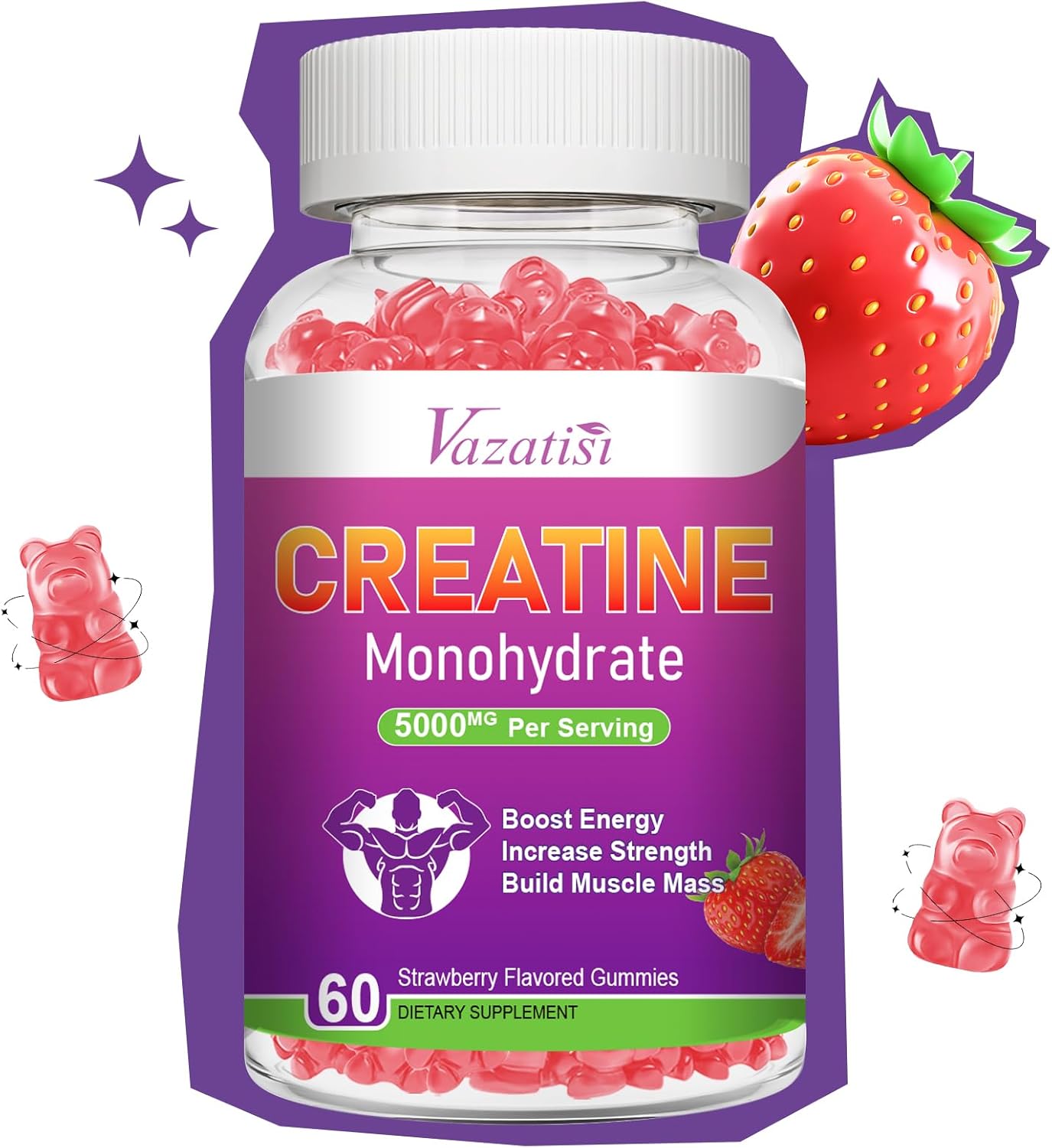 Sugar-Free Vegan Strawberry Creatine Gummies for Women & Men - 60 Count