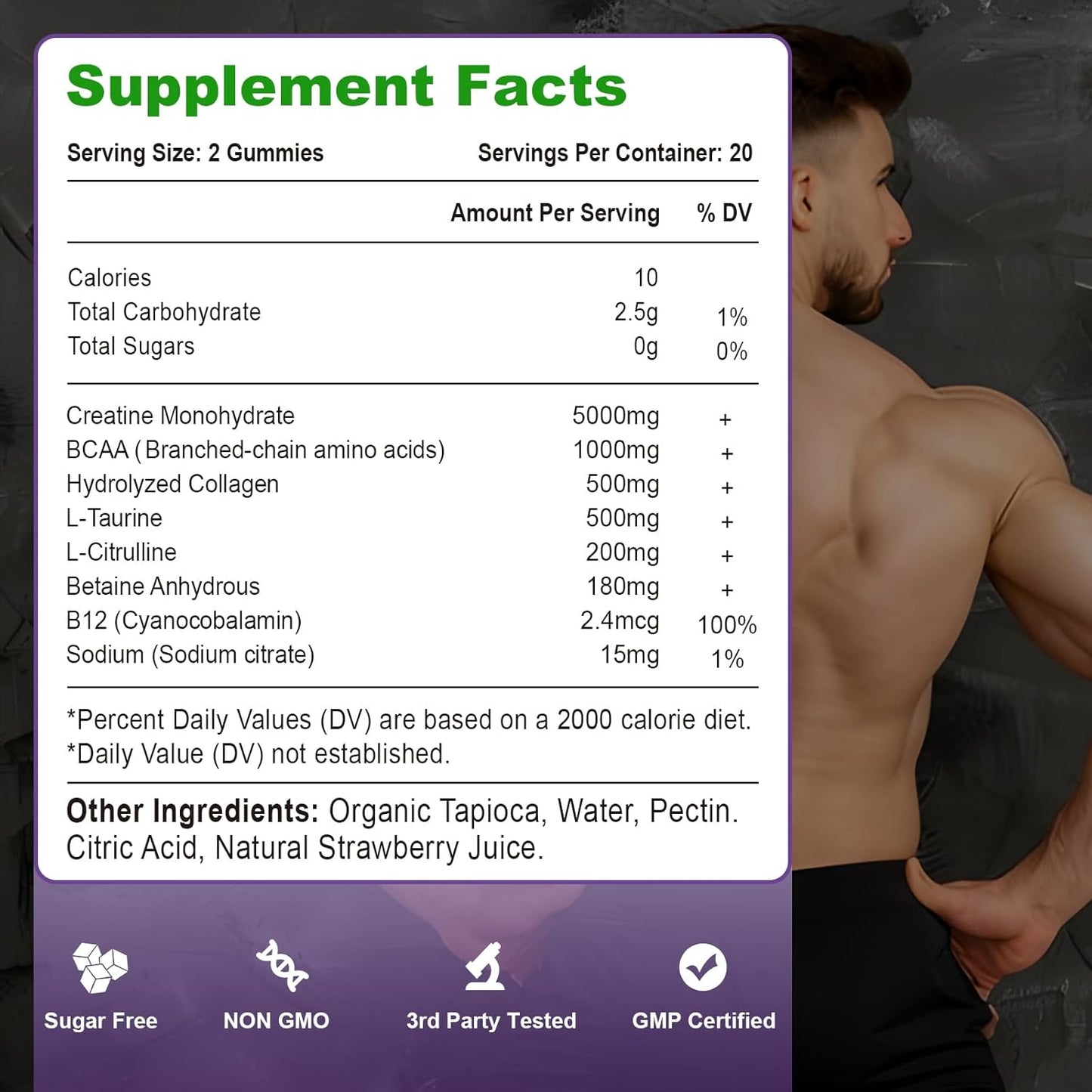 Sugar-Free Vegan Strawberry Creatine Gummies for Women & Men - 60 Count