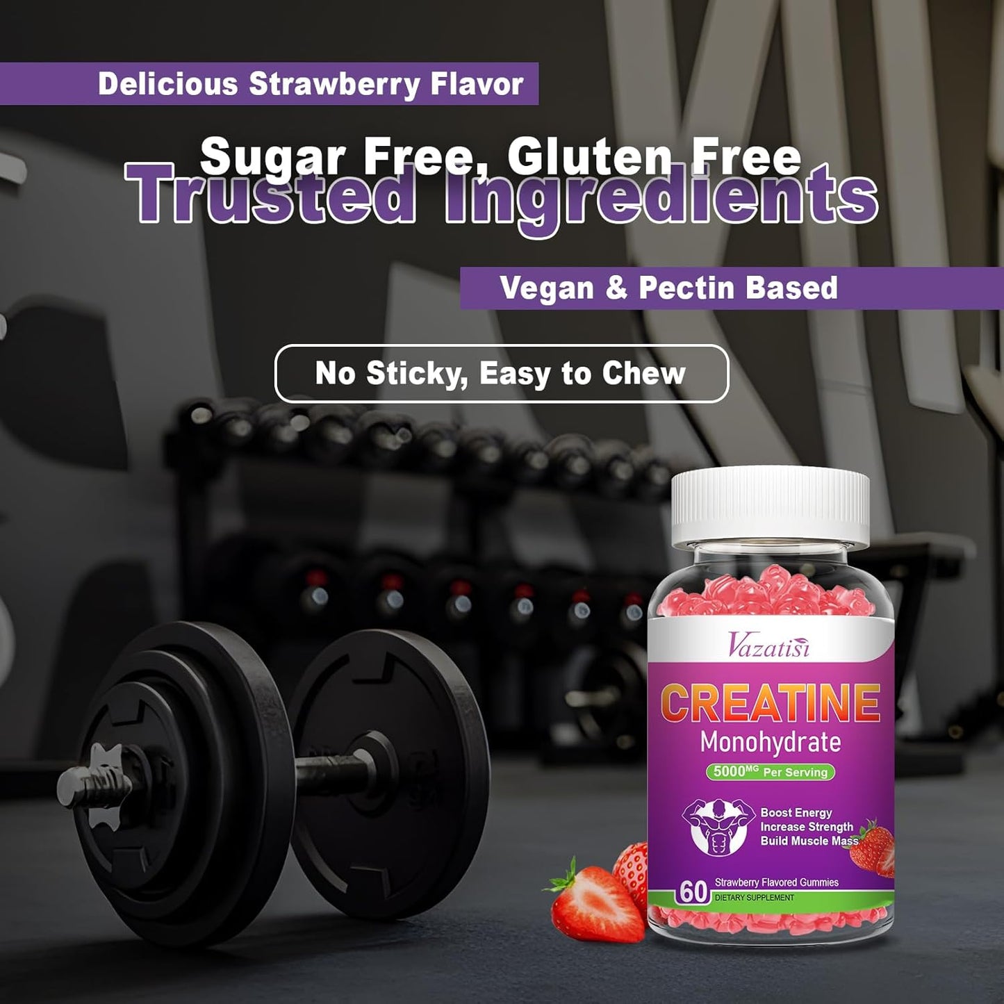 Sugar-Free Vegan Strawberry Creatine Gummies for Women & Men - 60 Count