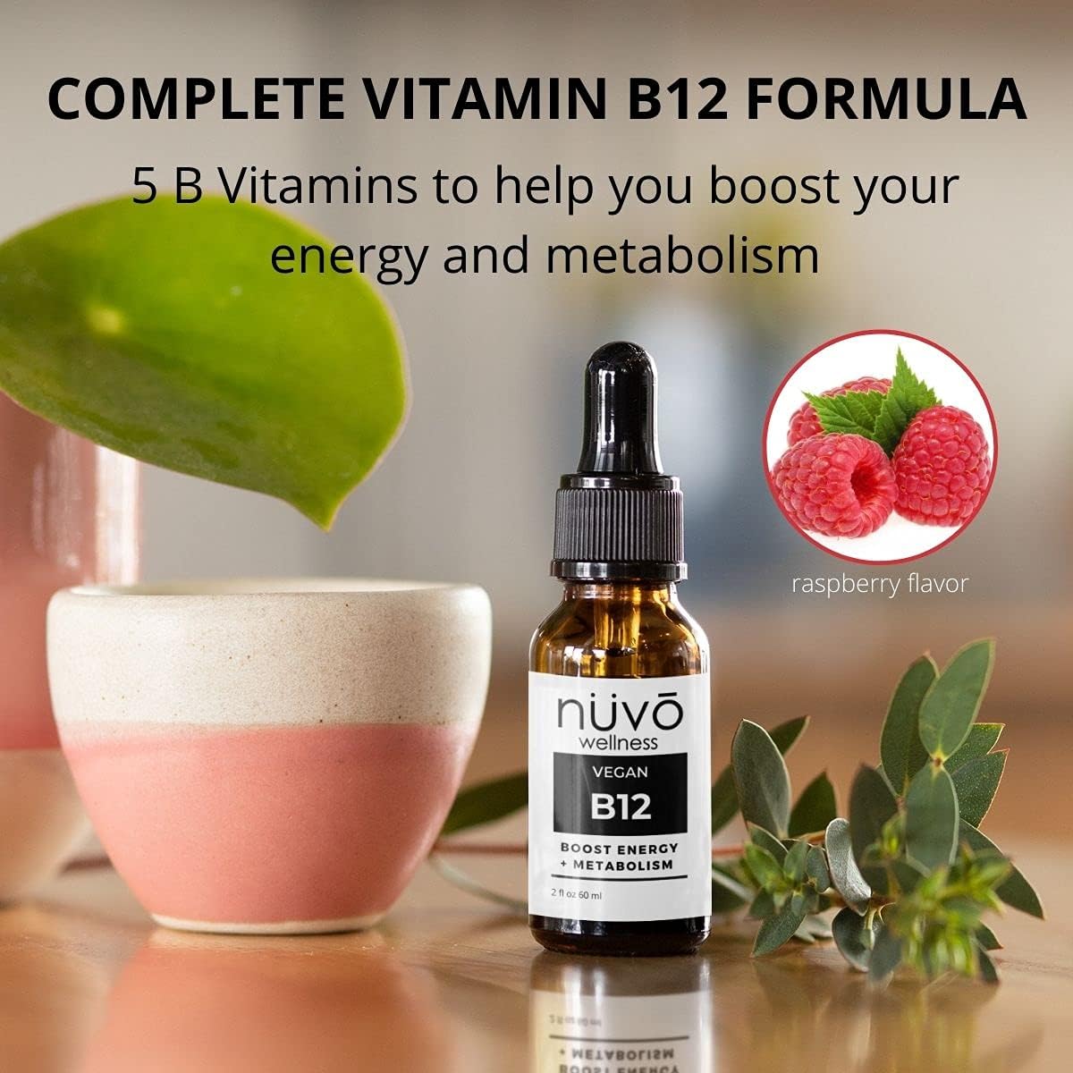 Sugar-Free Vegan Vitamin B12 Sublingual Liquid Drops for Energy and Metabolism Boost - Fast Absorption - Made in USA by NUVO WELLNESS ESSENTIALS
