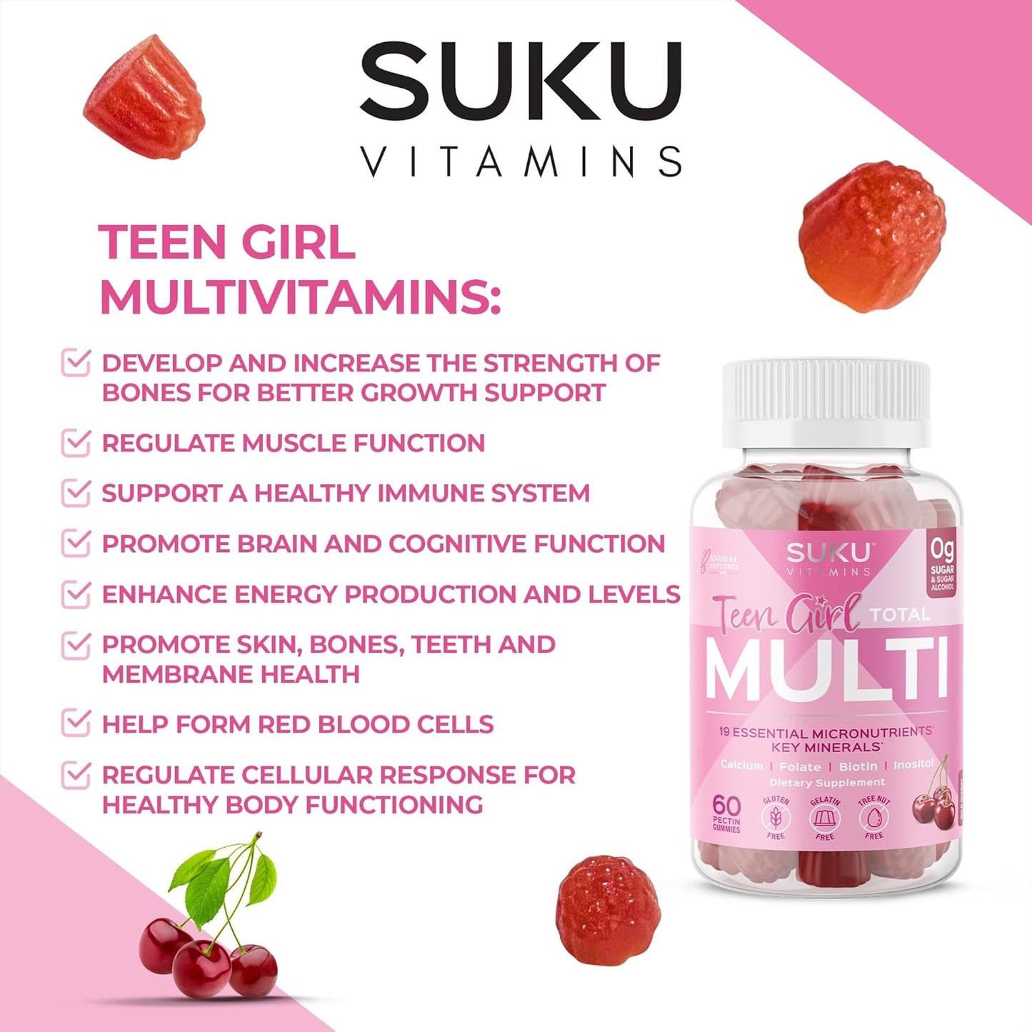 Sugar Free Vegetarian Teen Girl Gummy Vitamins with 19 Essential Nutrients for Bone Strength, Muscle Health, and Energy – Cherry Flavor (60 Count) - BoostGo Australia