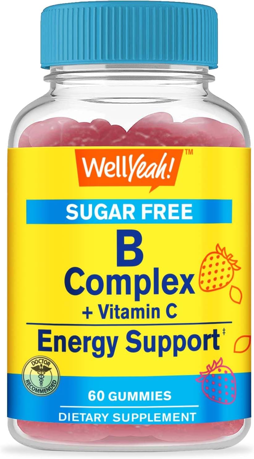 Sugar-Free Vitamin B Complex Gummies with Vitamin C and Folic Acid for Immune and Energy Support - 60 Count Strawberry Flavor