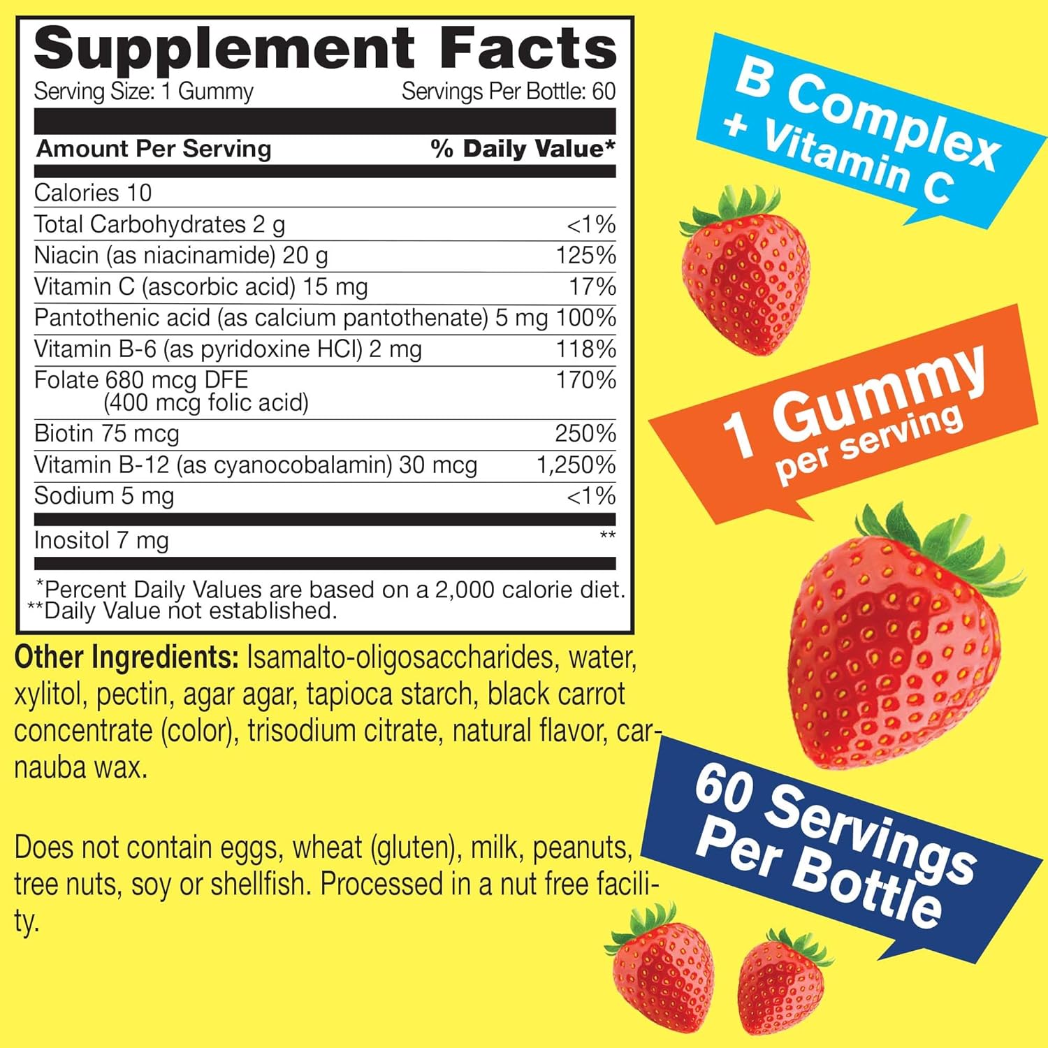 Sugar-Free Vitamin B Complex Gummies with Vitamin C and Folic Acid for Immune and Energy Support - 60 Count Strawberry Flavor