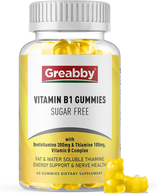 Sugar-Free Vitamin B1 Gummies for Adults - 400mg, Thiamine 100mg & Benfotiamine 300mg, Chewable Energy & Nervous System Health Support, 60 Gummies