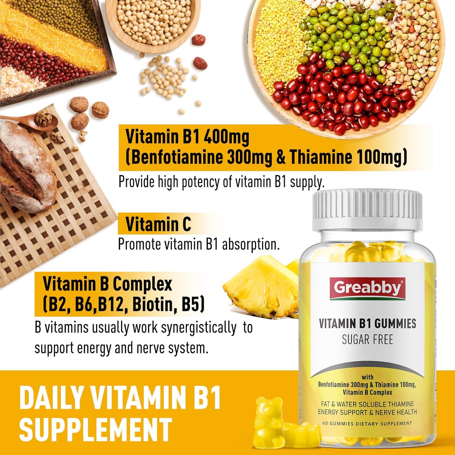 Sugar-Free Vitamin B1 Gummies for Adults - 400mg, Thiamine 100mg & Benfotiamine 300mg, Chewable Energy & Nervous System Health Support, 60 Gummies