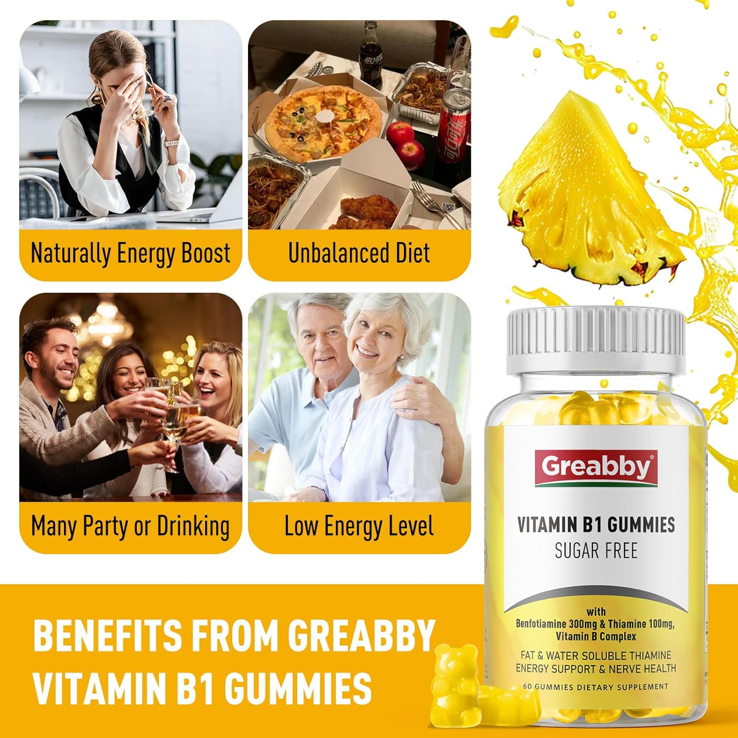 Sugar-Free Vitamin B1 Gummies for Adults - 400mg, Thiamine 100mg & Benfotiamine 300mg, Chewable Energy & Nervous System Health Support, 60 Gummies