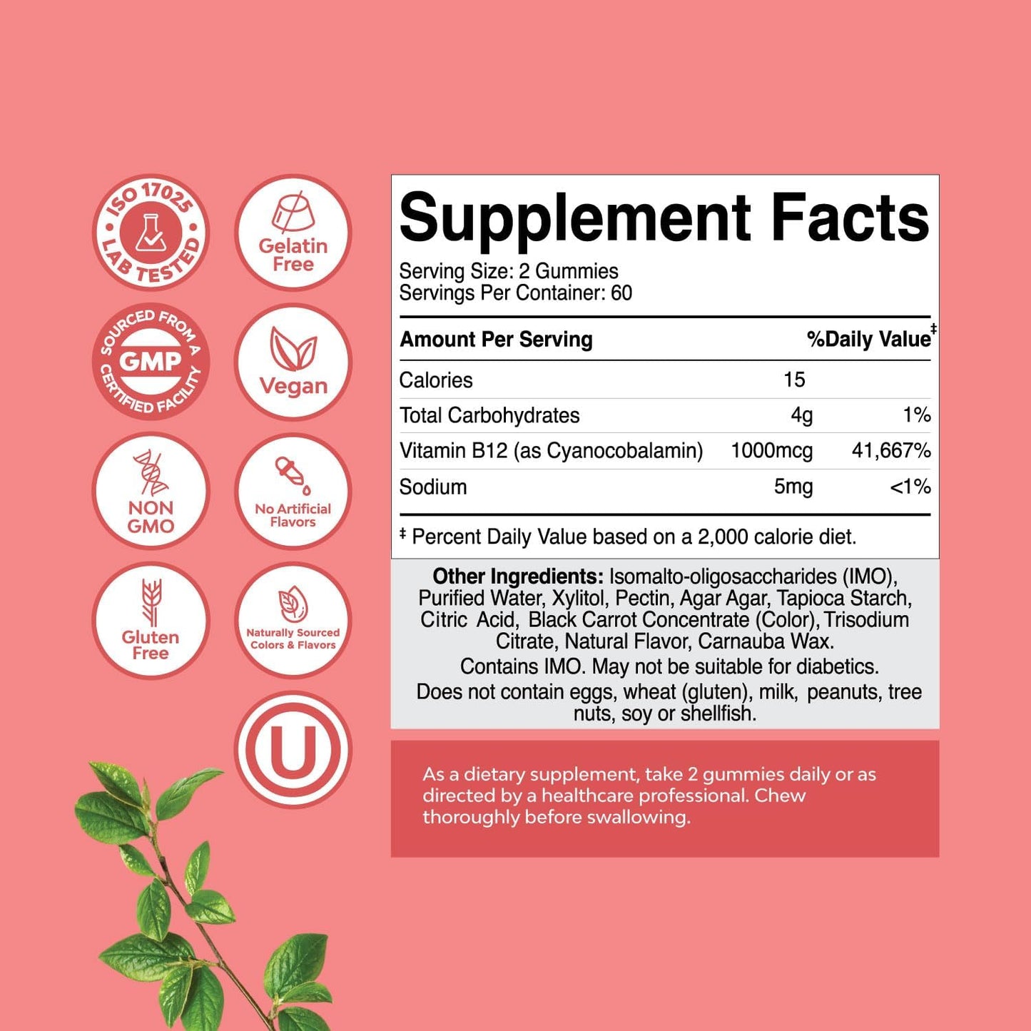 Sugar Free Vitamin B12 Gummies 1000 mcg for Adults - Energy & Mood Support - Kosher Non-GMO & Gluten Free - 120 Count