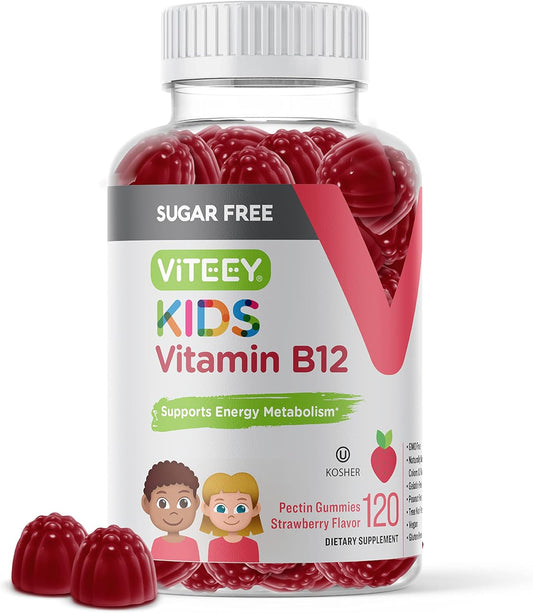 Sugar-Free Vitamin B12 Gummies for Kids - 1000mcg, Metabolism & Natural Energy Support - Vegan, Gelatin-Free, Gluten-Free - Strawberry Flavored Chewable Gummy