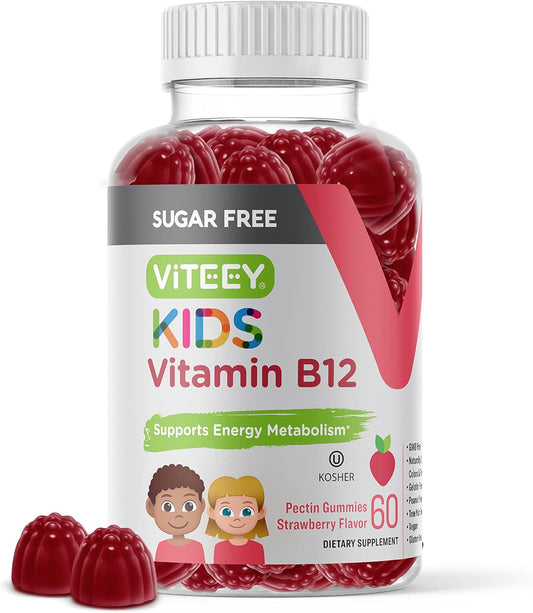 Sugar-Free Vitamin B12 Gummies for Kids - 1000mcg, Metabolism & Energy Support - Vegan, Gelatin-Free, Gluten-Free, GMO-Free - Strawberry Flavored Chewable B12 Supplement