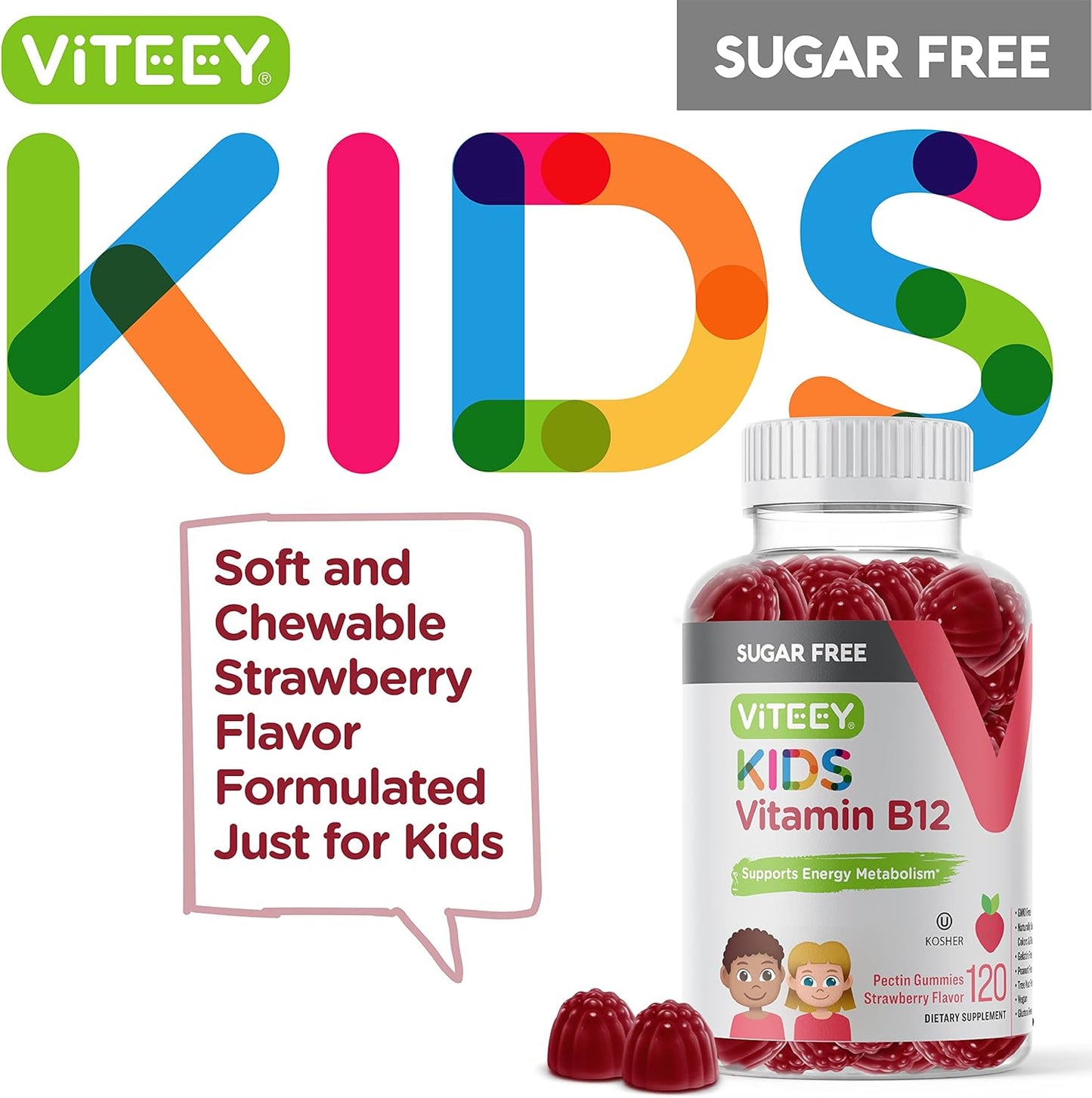 Sugar-Free Vitamin B12 Gummies for Kids - 1000mcg, Metabolism & Natural Energy Support - Vegan, Gelatin-Free, Gluten-Free - Strawberry Flavored Chewable Gummy