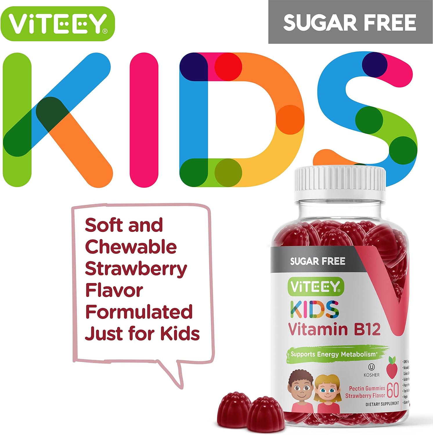 Sugar-Free Vitamin B12 Gummies for Kids - 1000mcg, Metabolism & Energy Support - Vegan, Gelatin-Free, Gluten-Free, GMO-Free - Strawberry Flavored Chewable B12 Supplement