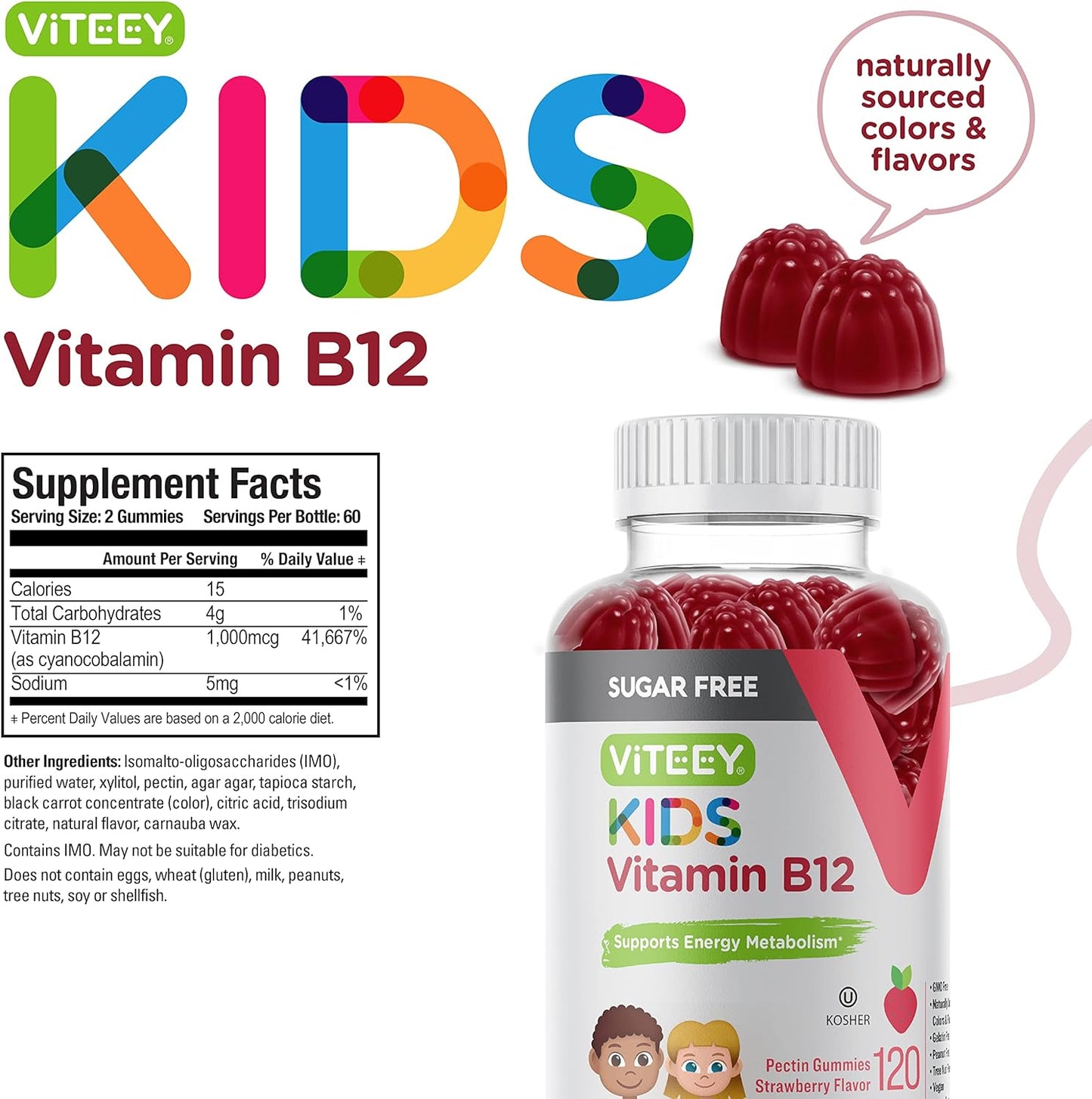 Sugar-Free Vitamin B12 Gummies for Kids - 1000mcg, Metabolism & Natural Energy Support - Vegan, Gelatin-Free, Gluten-Free - Strawberry Flavored Chewable Gummy
