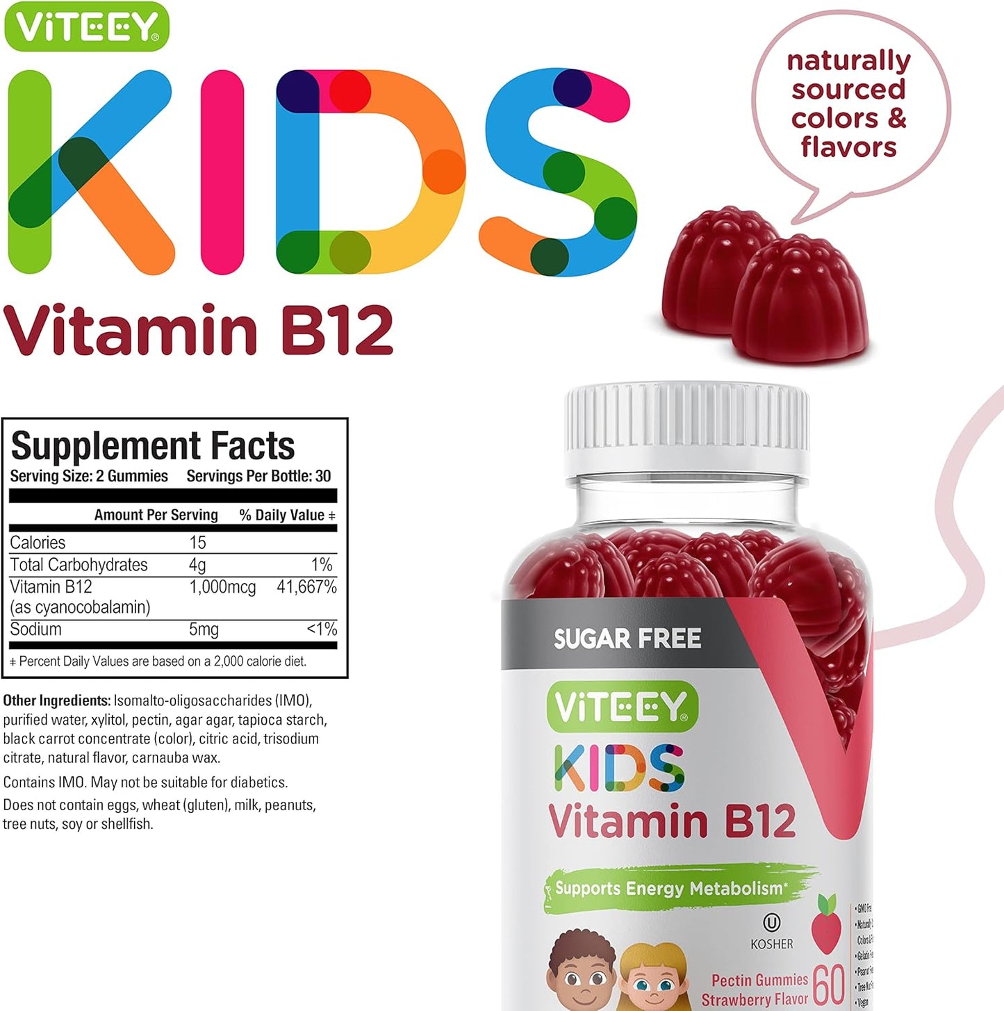Sugar-Free Vitamin B12 Gummies for Kids - 1000mcg, Metabolism & Energy Support - Vegan, Gelatin-Free, Gluten-Free, GMO-Free - Strawberry Flavored Chewable B12 Supplement