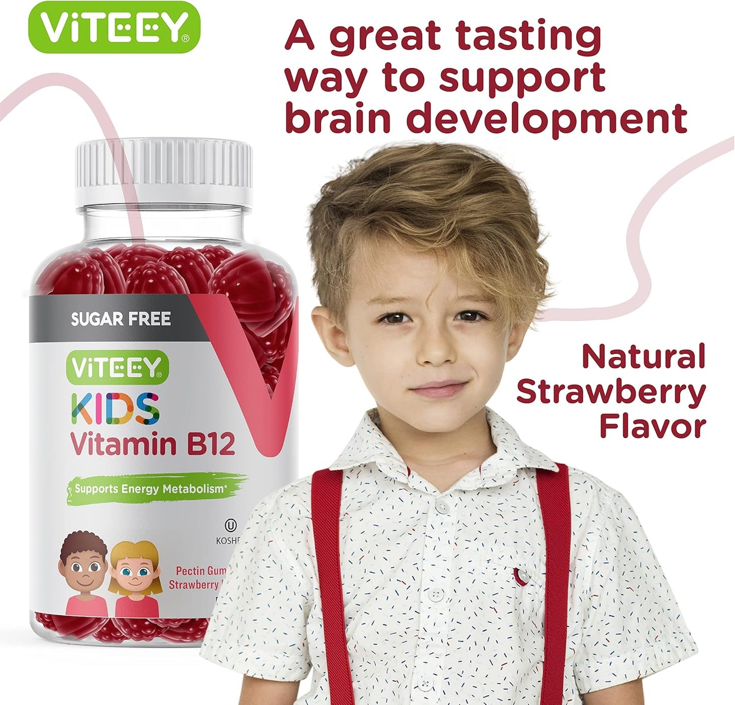 Sugar-Free Vitamin B12 Gummies for Kids - 1000mcg, Metabolism & Natural Energy Support - Vegan, Gelatin-Free, Gluten-Free - Strawberry Flavored Chewable Gummy