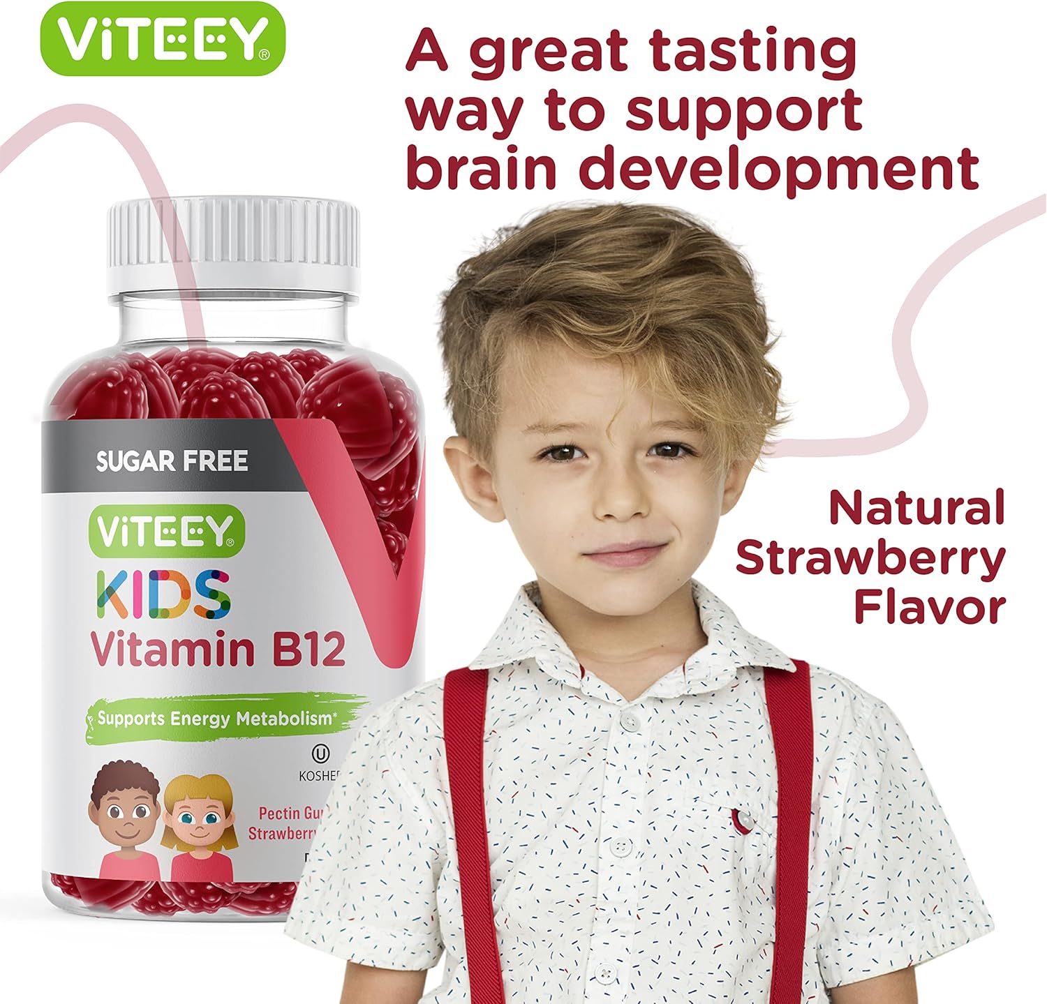 Sugar-Free Vitamin B12 Gummies for Kids - 1000mcg, Metabolism & Energy Support - Vegan, Gelatin-Free, Gluten-Free, GMO-Free - Strawberry Flavored Chewable B12 Supplement