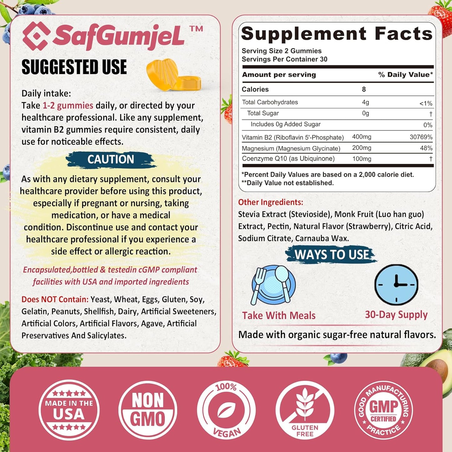 Sugar-Free Vitamin B2 Gummies with Hydrolyzed Collagen Peptides for Hair, Skin & Nails